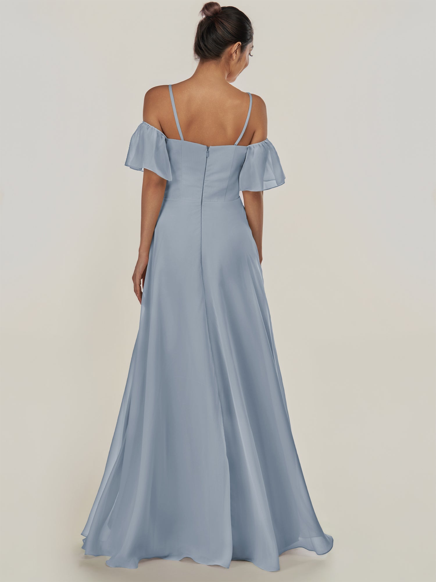 KissDress-Olia Dusty Blue A Line Chiffon Off the Shoulder Long Bridesmaid Dress with Slit