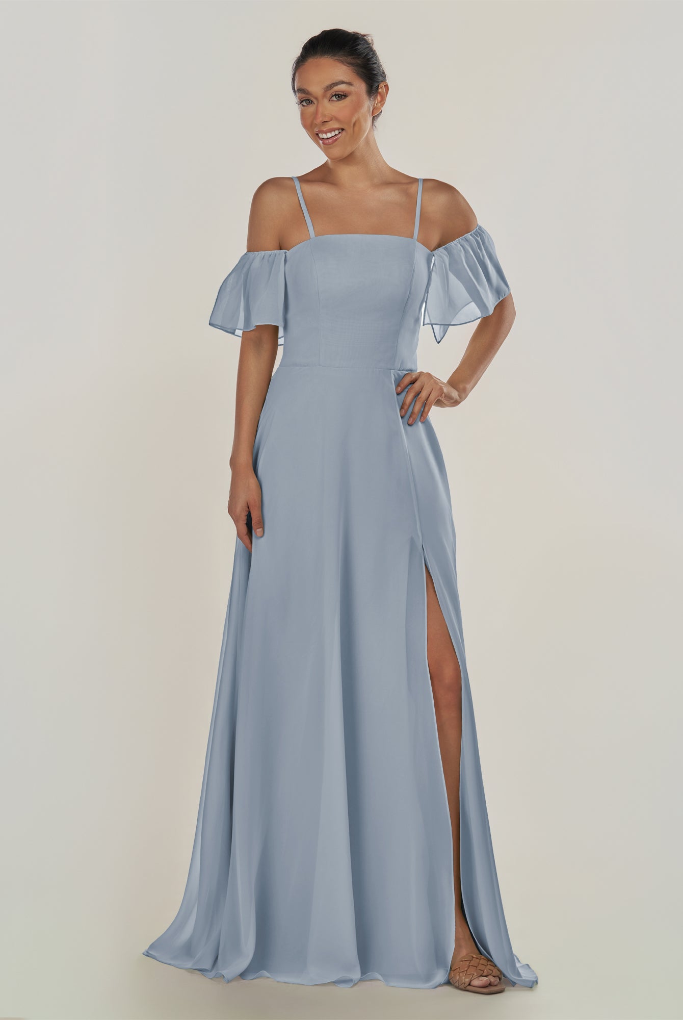 KissDress-Olia Dusty Blue A Line Chiffon Off the Shoulder Long Bridesmaid Dress with Slit
