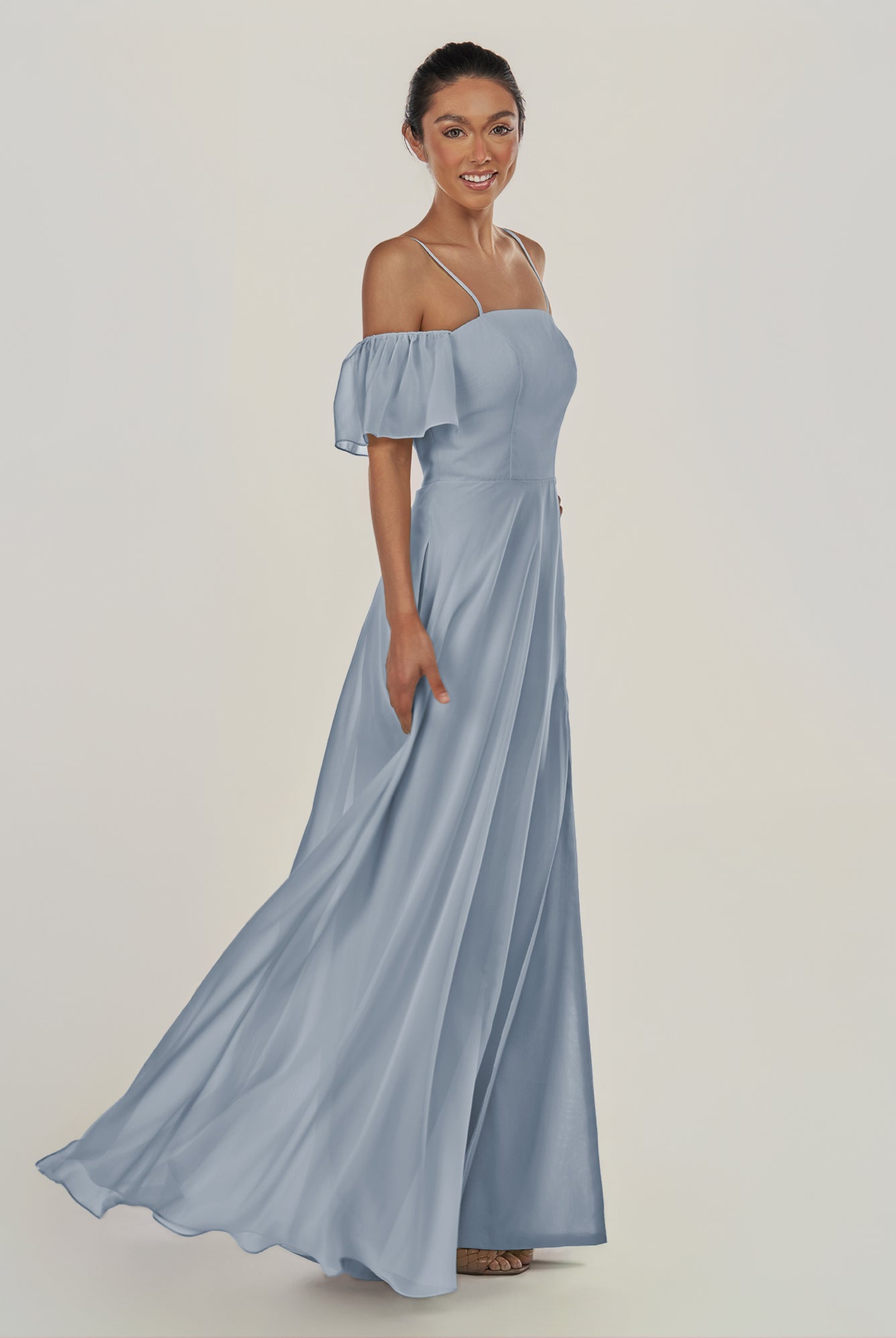 KissDress-Olia Dusty Blue A Line Chiffon Off the Shoulder Long Bridesmaid Dress with Slit