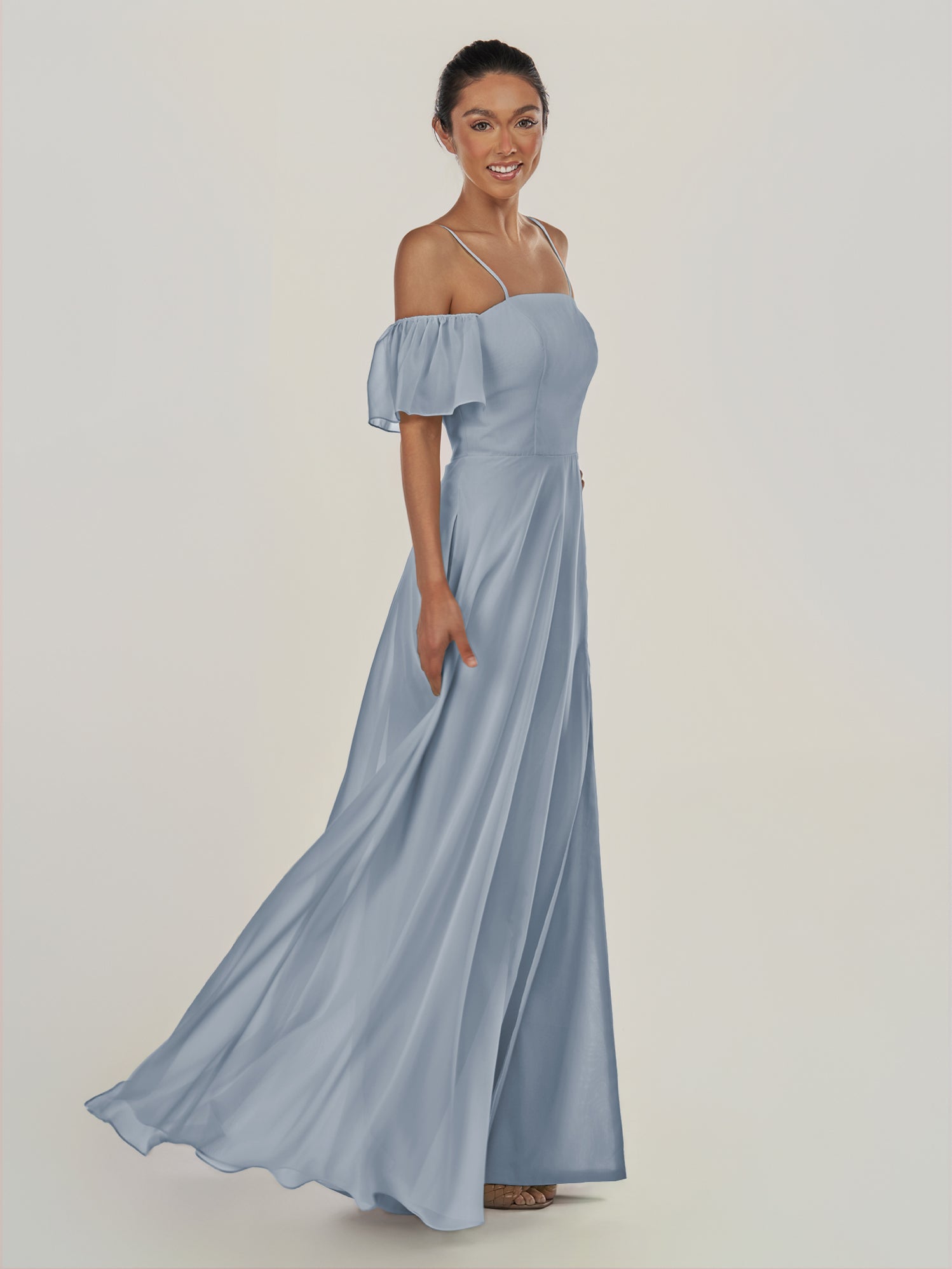 KissDress-Olia Dusty Blue A Line Chiffon Off the Shoulder Long Bridesmaid Dress with Slit