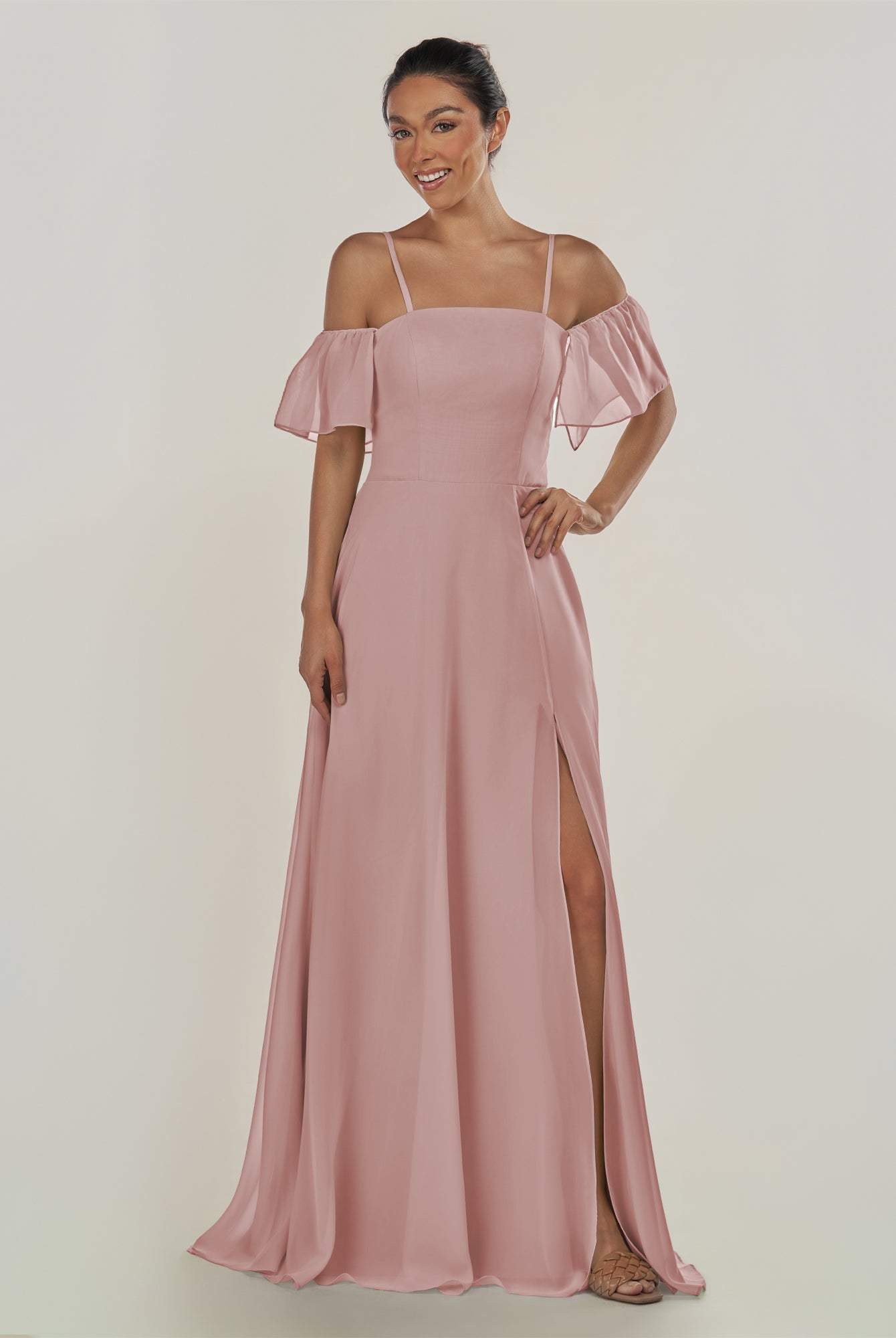 KissDress-Olia Dusty Rose A Line Chiffon Off the Shoulder Long Bridesmaid Dress with Slit