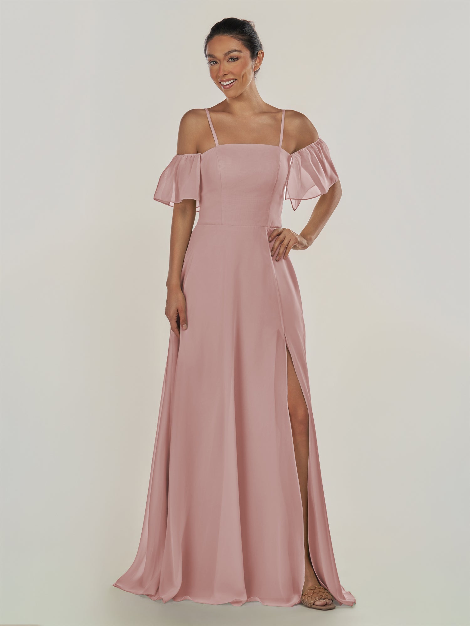 KissDress-Olia Dusty Rose A Line Chiffon Off the Shoulder Long Bridesmaid Dress with Slit
