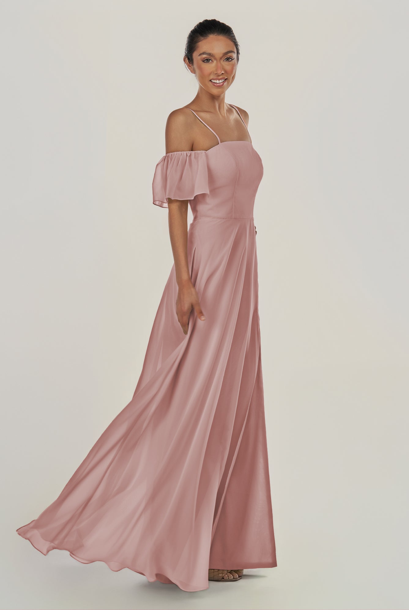 KissDress-Olia Dusty Rose A Line Chiffon Off the Shoulder Long Bridesmaid Dress with Slit