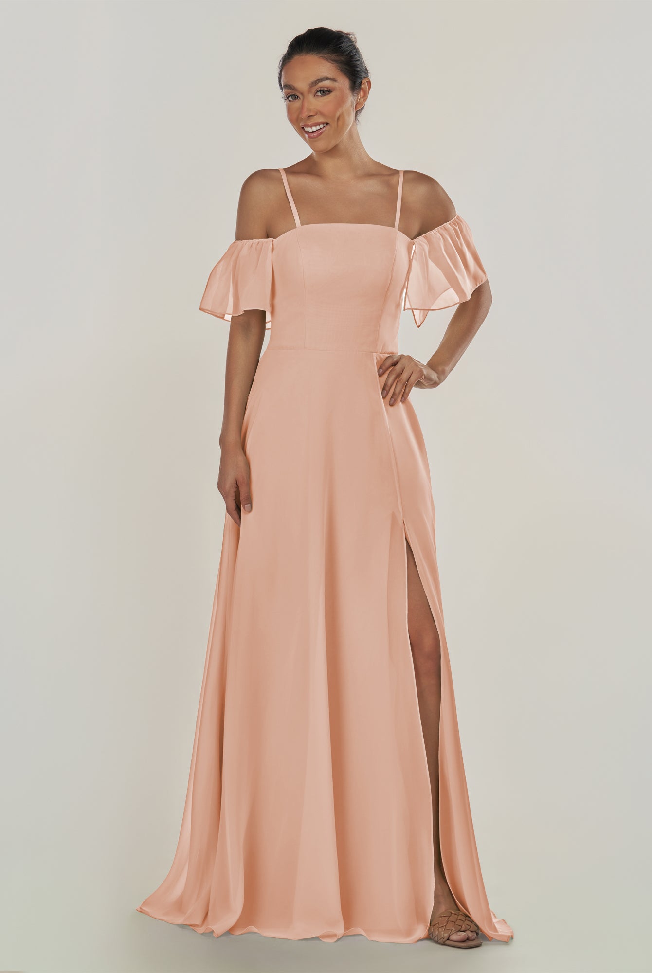 KissDress-Olia English Rose A Line Chiffon Off the Shoulder Long Bridesmaid Dress with Slit