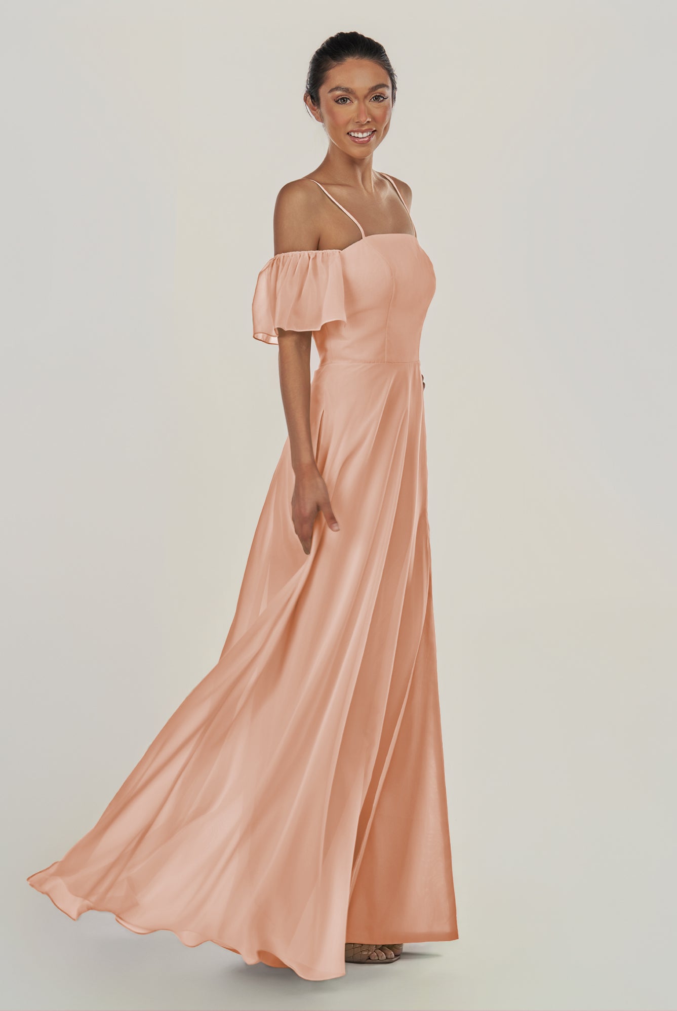 KissDress-Olia English Rose A Line Chiffon Off the Shoulder Long Bridesmaid Dress with Slit