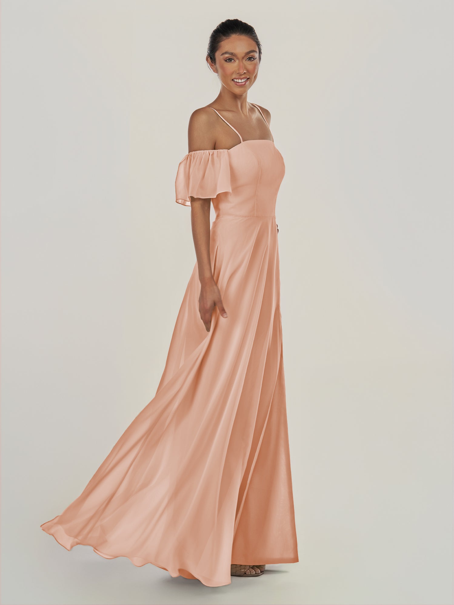 KissDress-Olia English Rose A Line Chiffon Off the Shoulder Long Bridesmaid Dress with Slit
