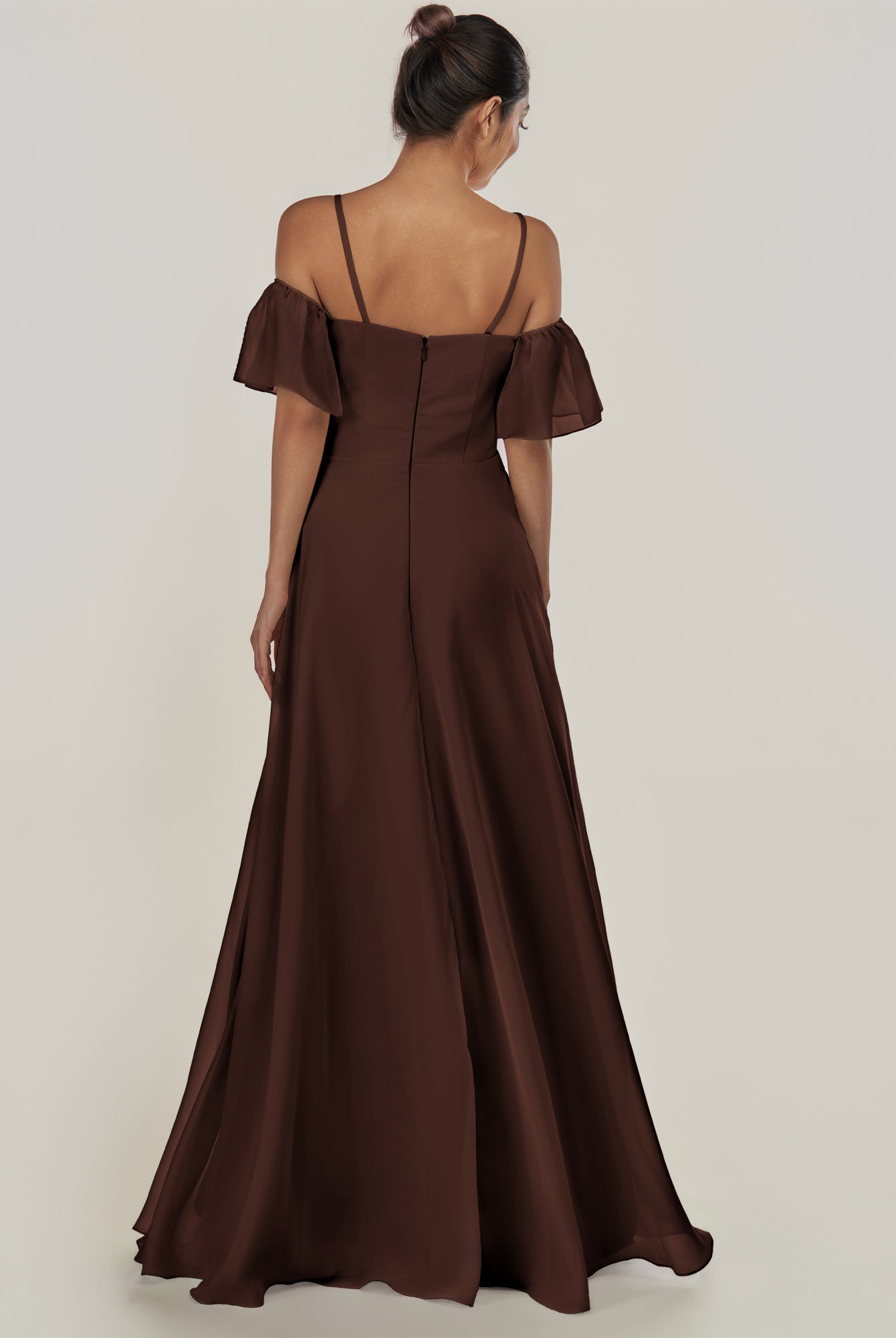 KissDress-Olia Espresso A Line Chiffon Off the Shoulder Long Bridesmaid Dress with Slit