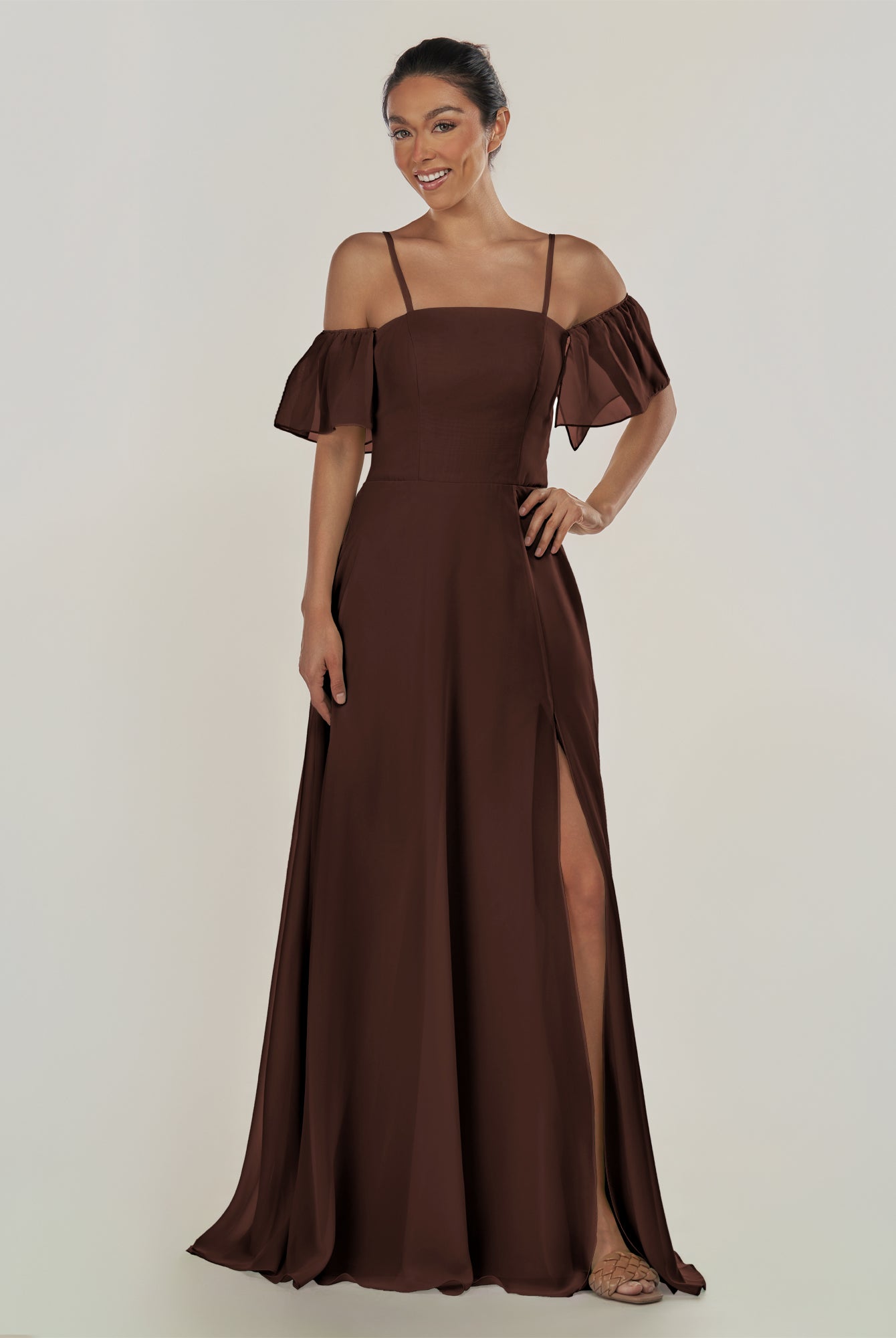 KissDress-Olia Espresso A Line Chiffon Off the Shoulder Long Bridesmaid Dress with Slit