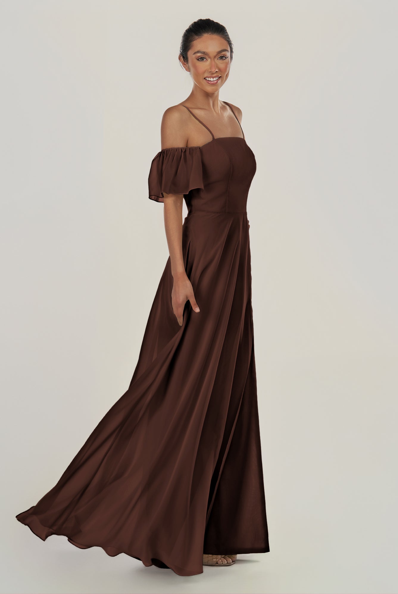 KissDress-Olia Espresso A Line Chiffon Off the Shoulder Long Bridesmaid Dress with Slit