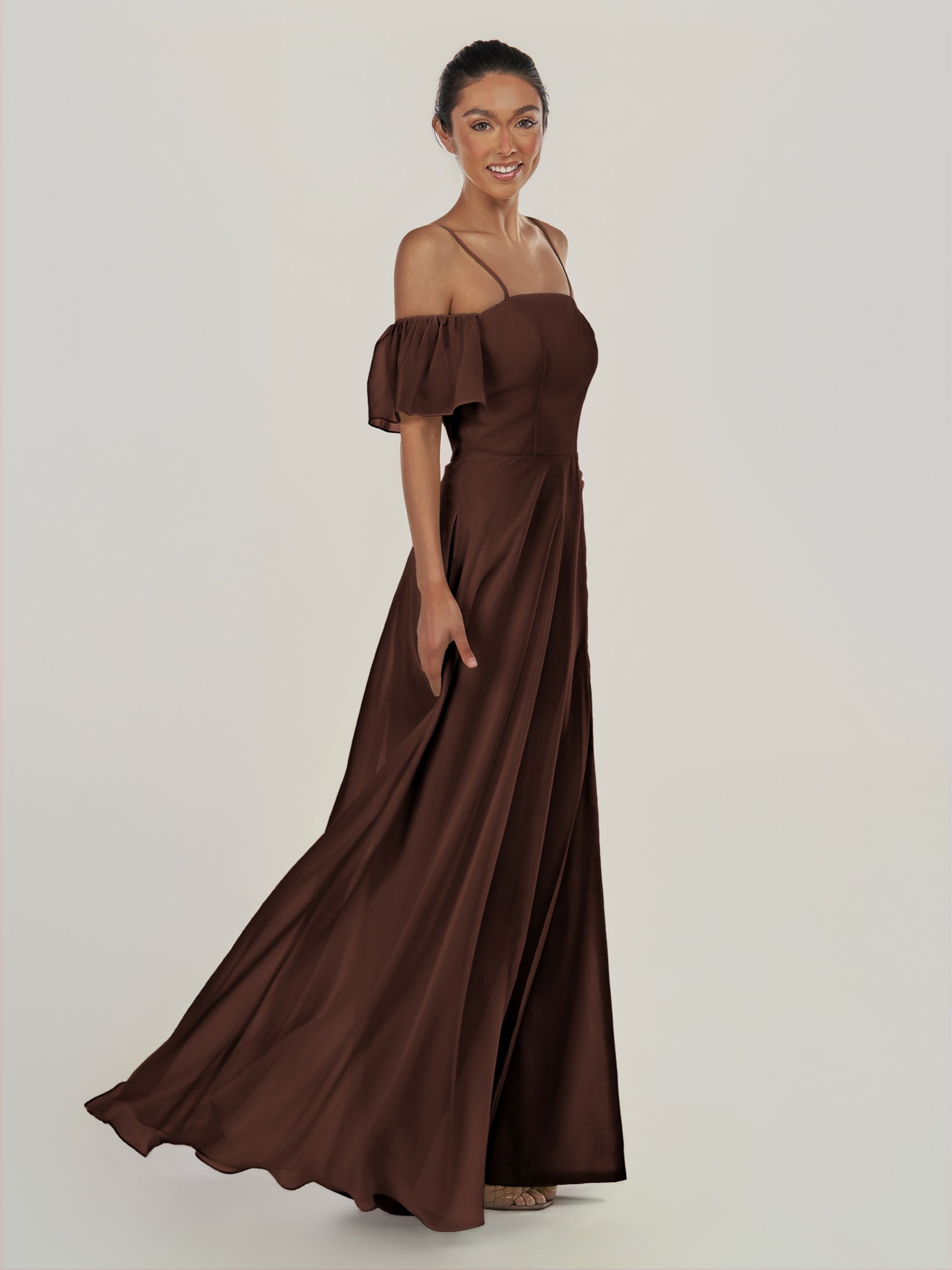 KissDress-Olia Espresso A Line Chiffon Off the Shoulder Long Bridesmaid Dress with Slit