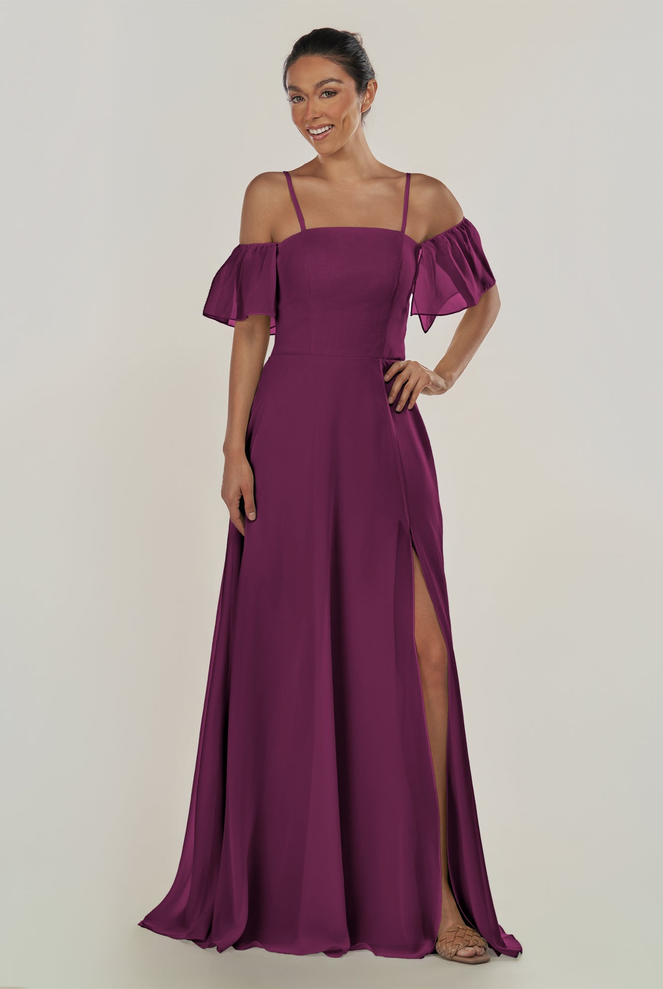 KissDress-Olia Fig A Line Chiffon Off the Shoulder Long Bridesmaid Dress with Slit