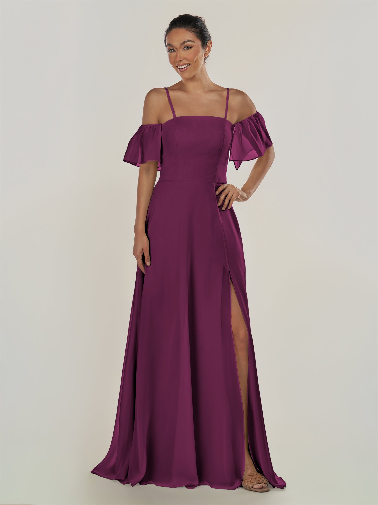 KissDress-Olia Fig A Line Chiffon Off the Shoulder Long Bridesmaid Dress with Slit