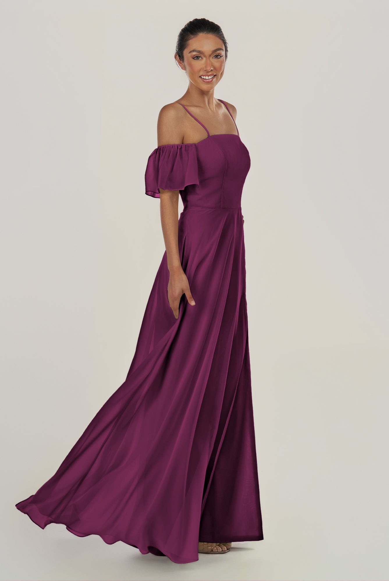 KissDress-Olia Fig A Line Chiffon Off the Shoulder Long Bridesmaid Dress with Slit