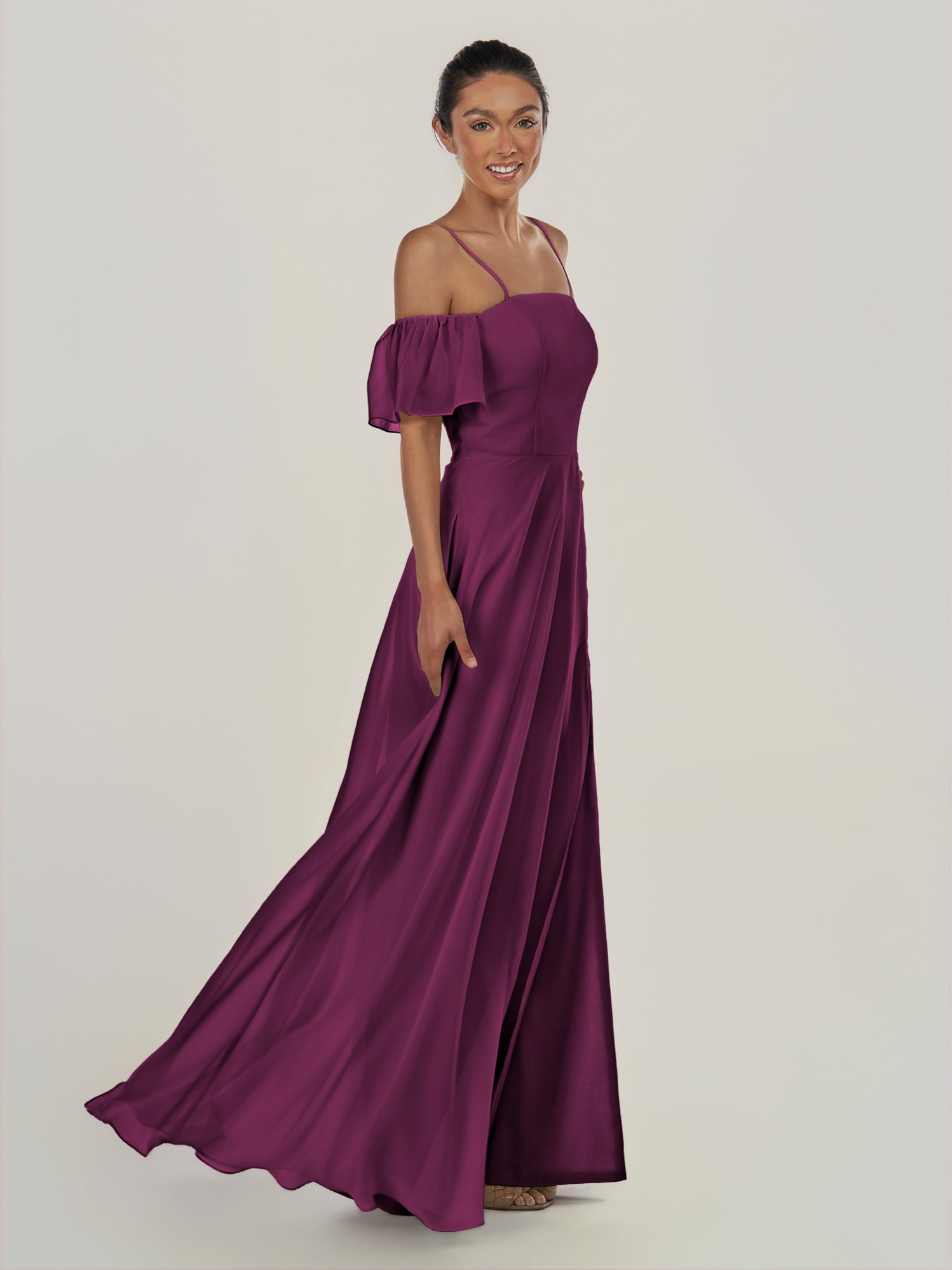 KissDress-Olia Fig A Line Chiffon Off the Shoulder Long Bridesmaid Dress with Slit