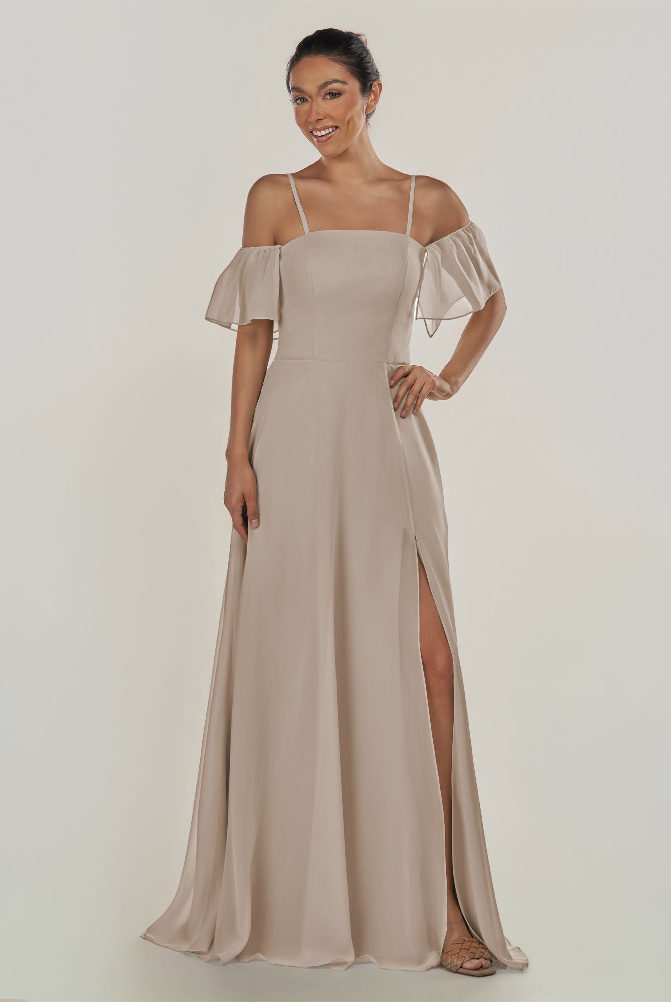 KissDress-Olia Frost A Line Chiffon Off the Shoulder Long Bridesmaid Dress with Slit