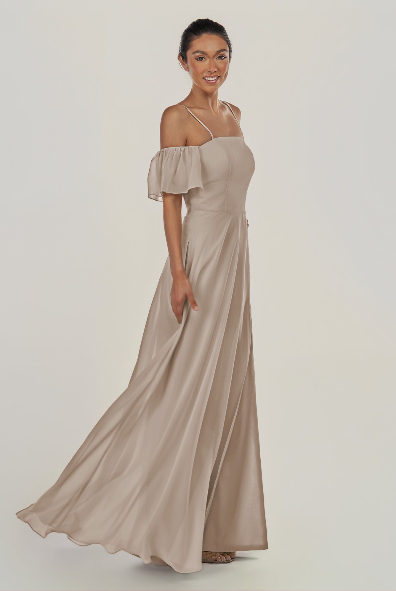 KissDress-Olia Frost A Line Chiffon Off the Shoulder Long Bridesmaid Dress with Slit