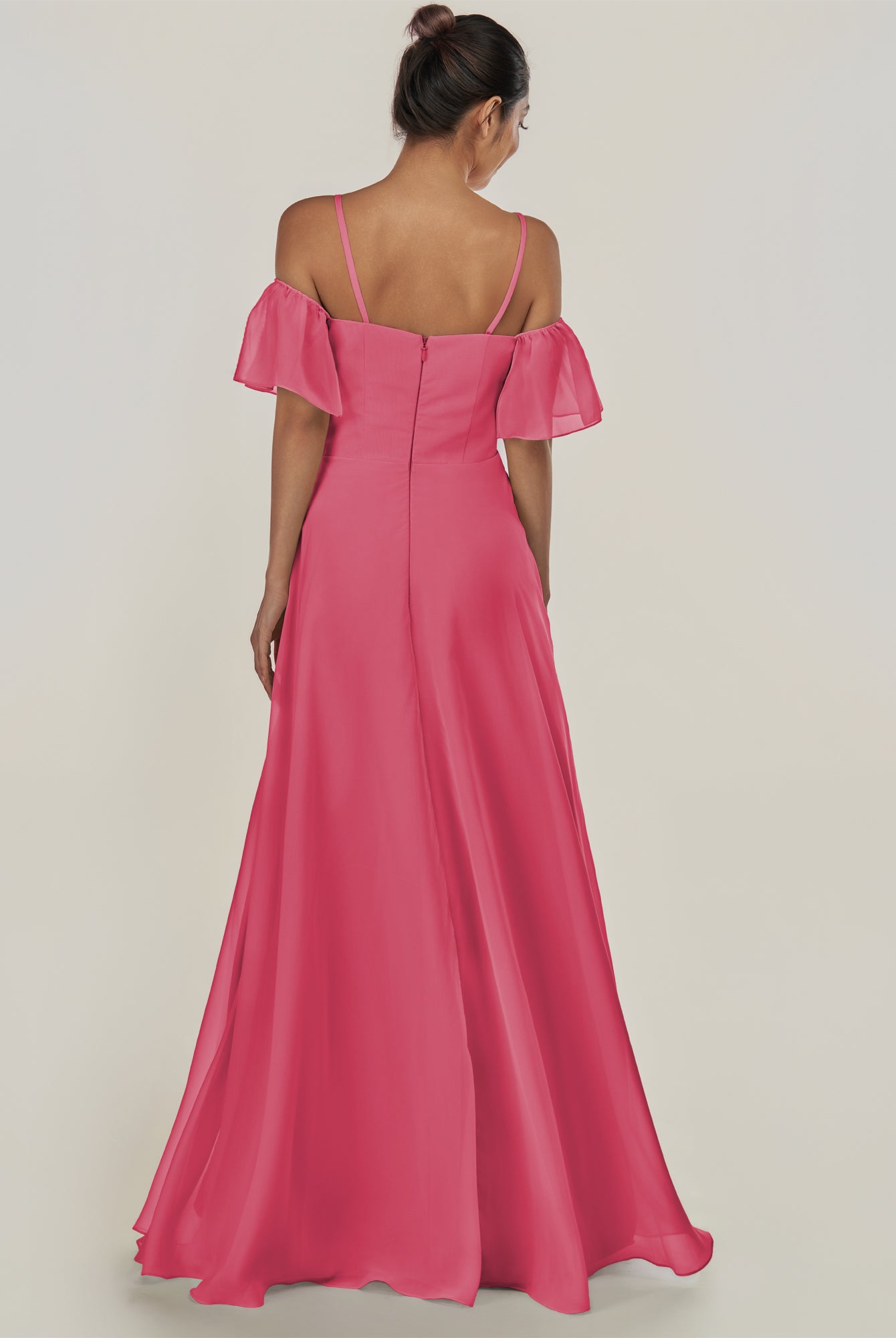 KissDress-Olia Fuchsia A Line Chiffon Off the Shoulder Long Bridesmaid Dress with Slit