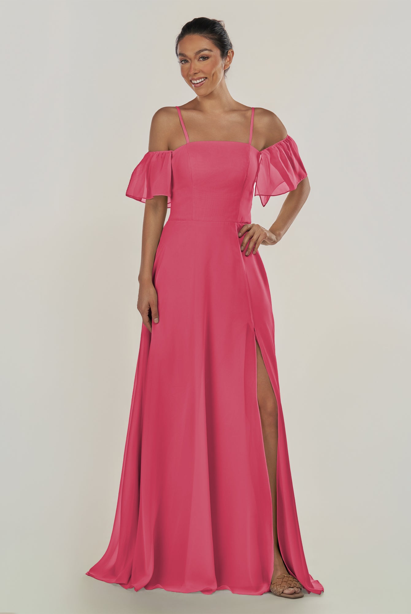KissDress-Olia Fuchsia A Line Chiffon Off the Shoulder Long Bridesmaid Dress with Slit