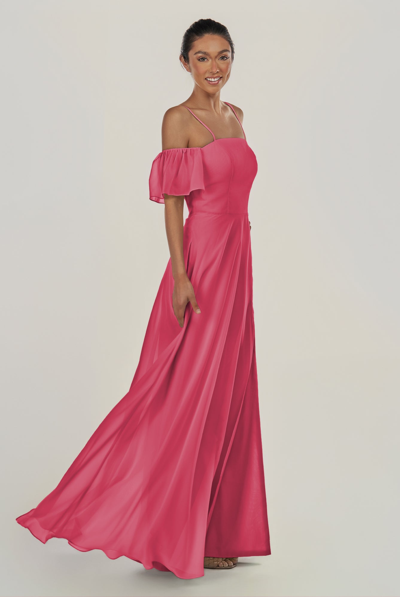 KissDress-Olia Fuchsia A Line Chiffon Off the Shoulder Long Bridesmaid Dress with Slit