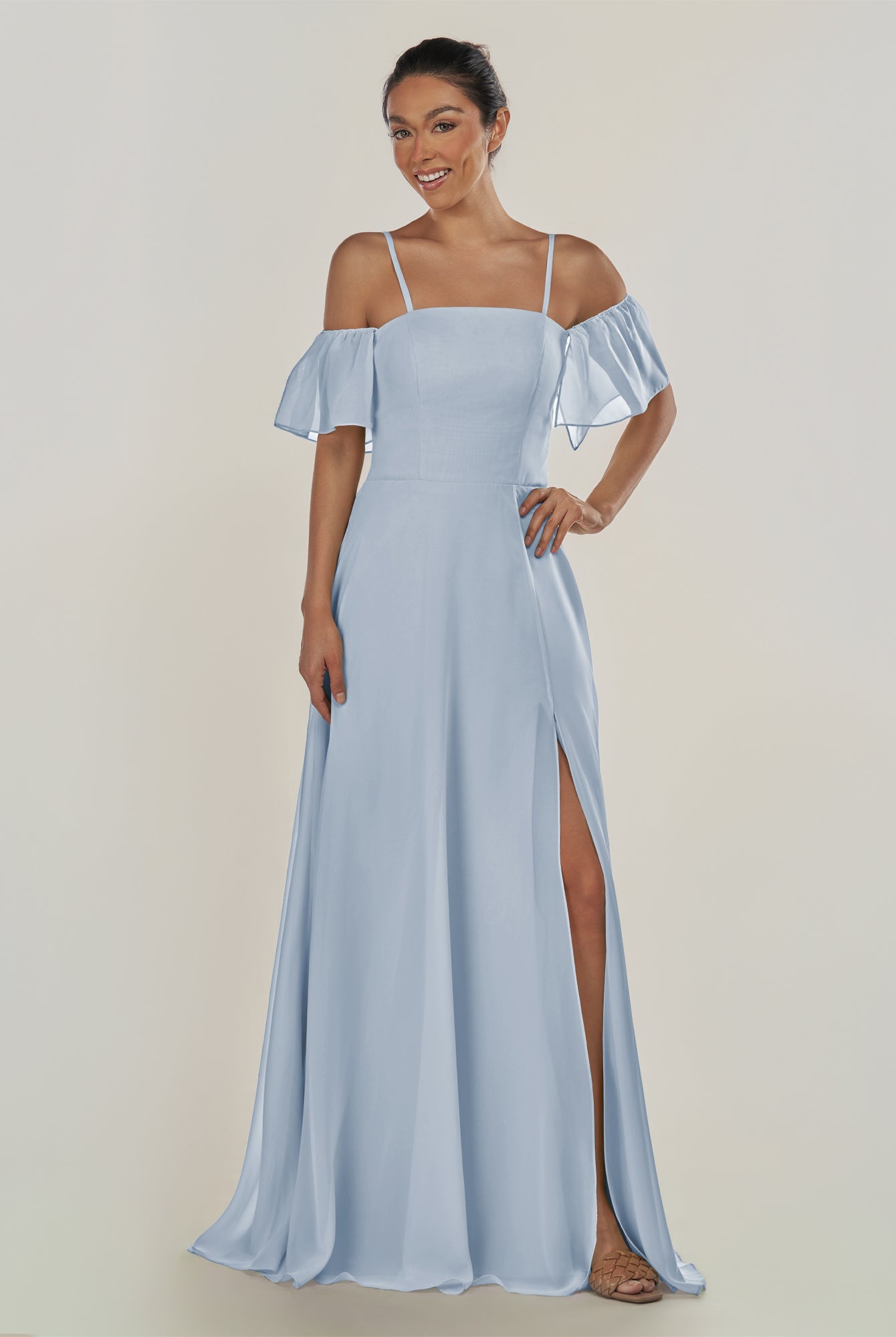 KissDress-Olia Ice A Line Chiffon Off the Shoulder Long Bridesmaid Dress with Slit