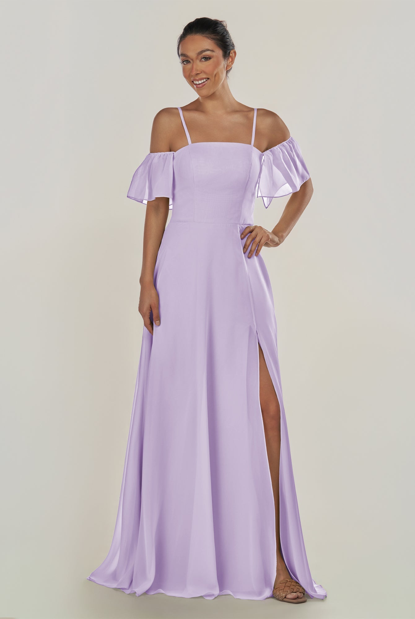 KissDress-Olia Lavender A Line Chiffon Off the Shoulder Long Bridesmaid Dress with Slit