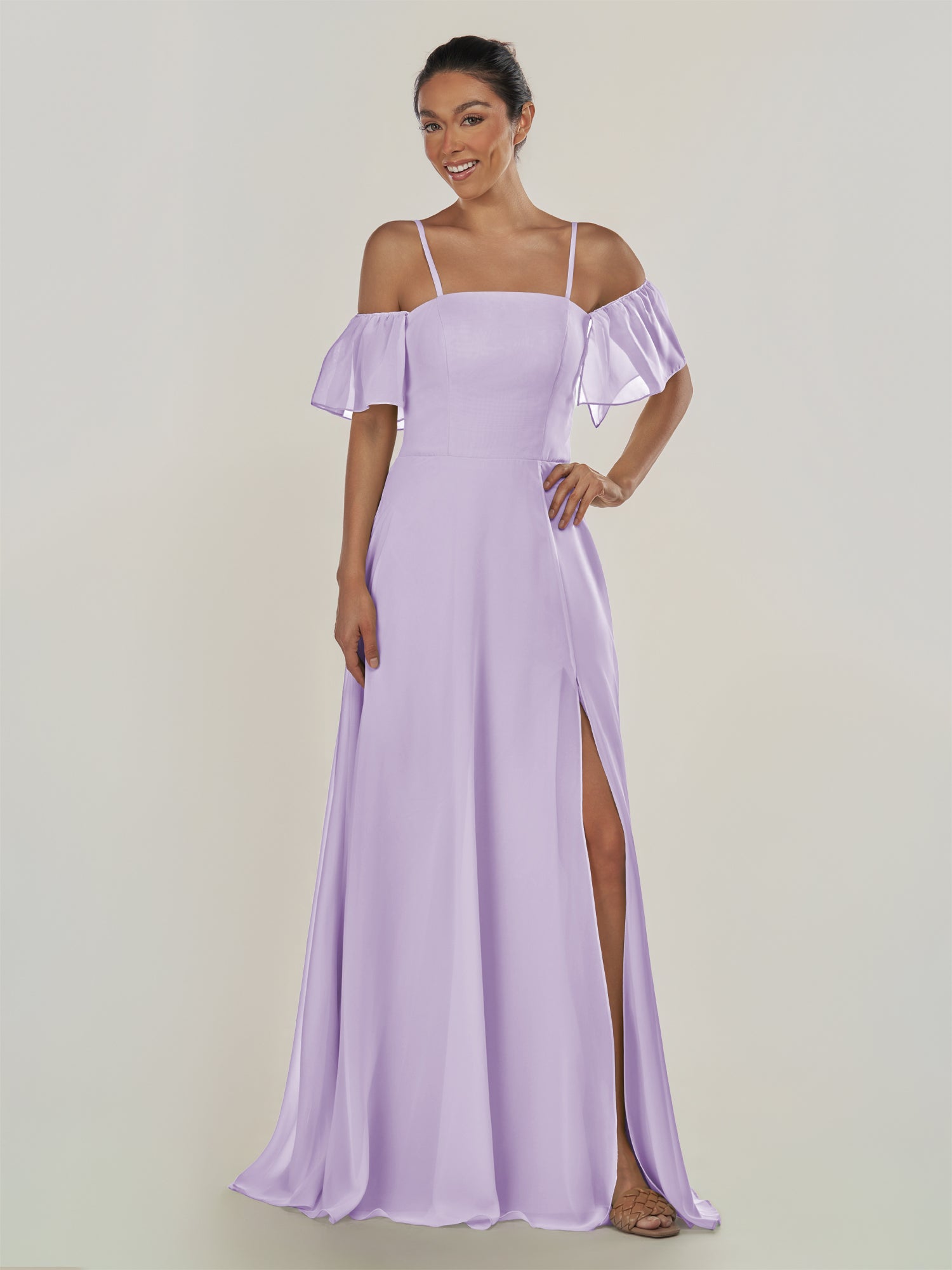 KissDress-Olia Lavender A Line Chiffon Off the Shoulder Long Bridesmaid Dress with Slit