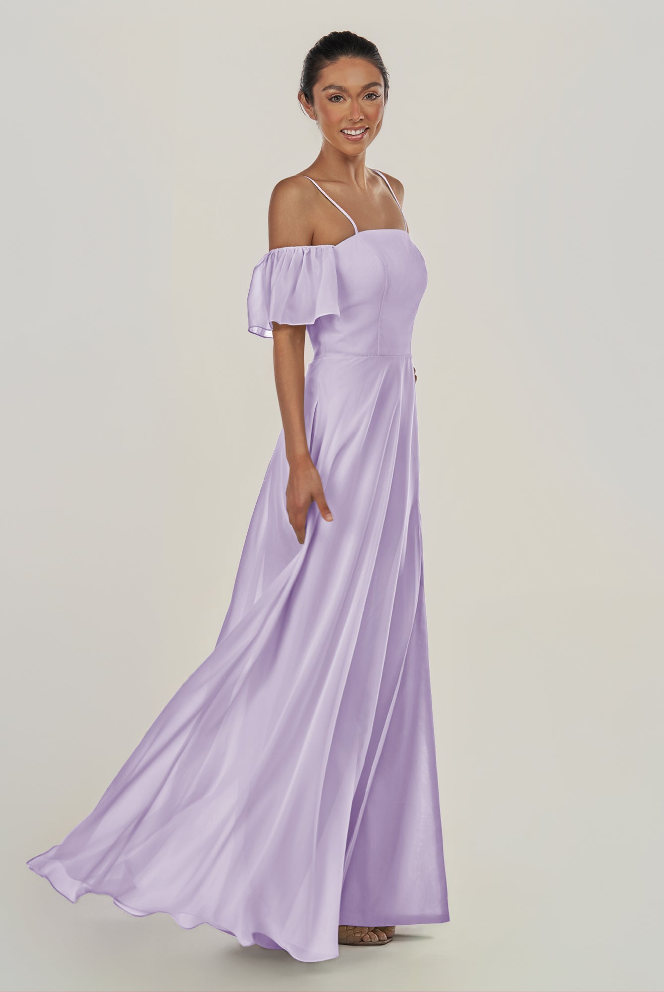 KissDress-Olia Lavender A Line Chiffon Off the Shoulder Long Bridesmaid Dress with Slit