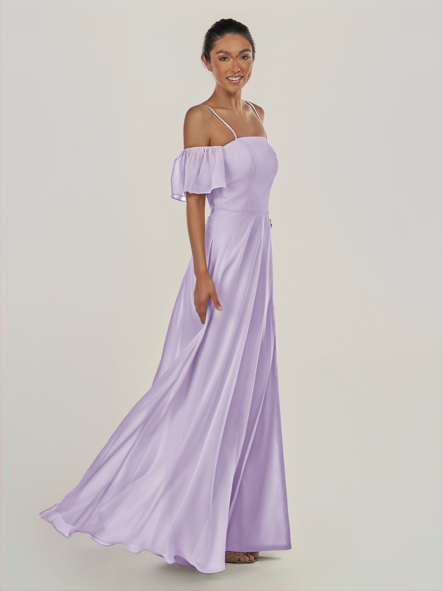 KissDress-Olia Lavender A Line Chiffon Off the Shoulder Long Bridesmaid Dress with Slit