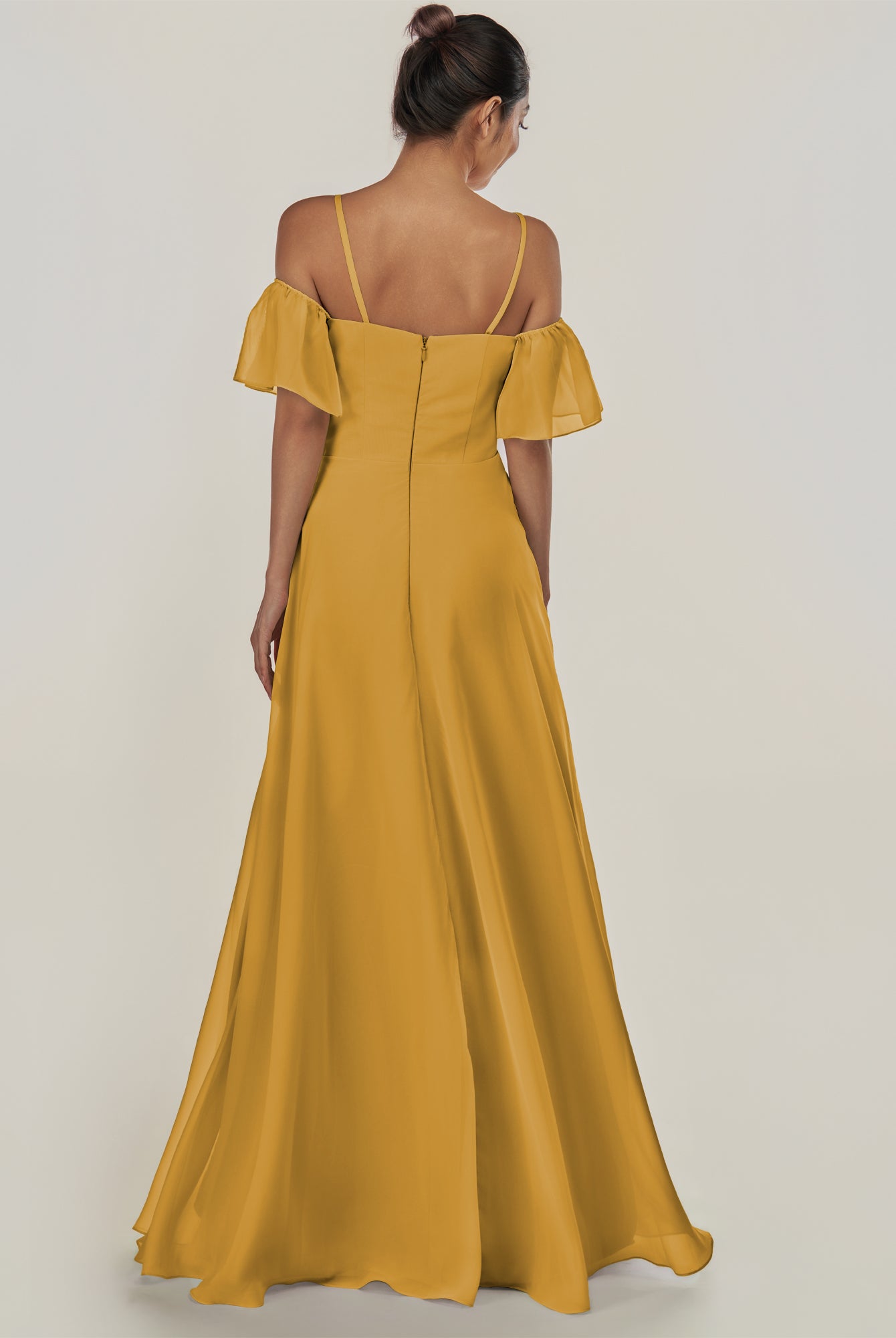 KissDress-Olia Marigold A Line Chiffon Off the Shoulder Long Bridesmaid Dress with Slit