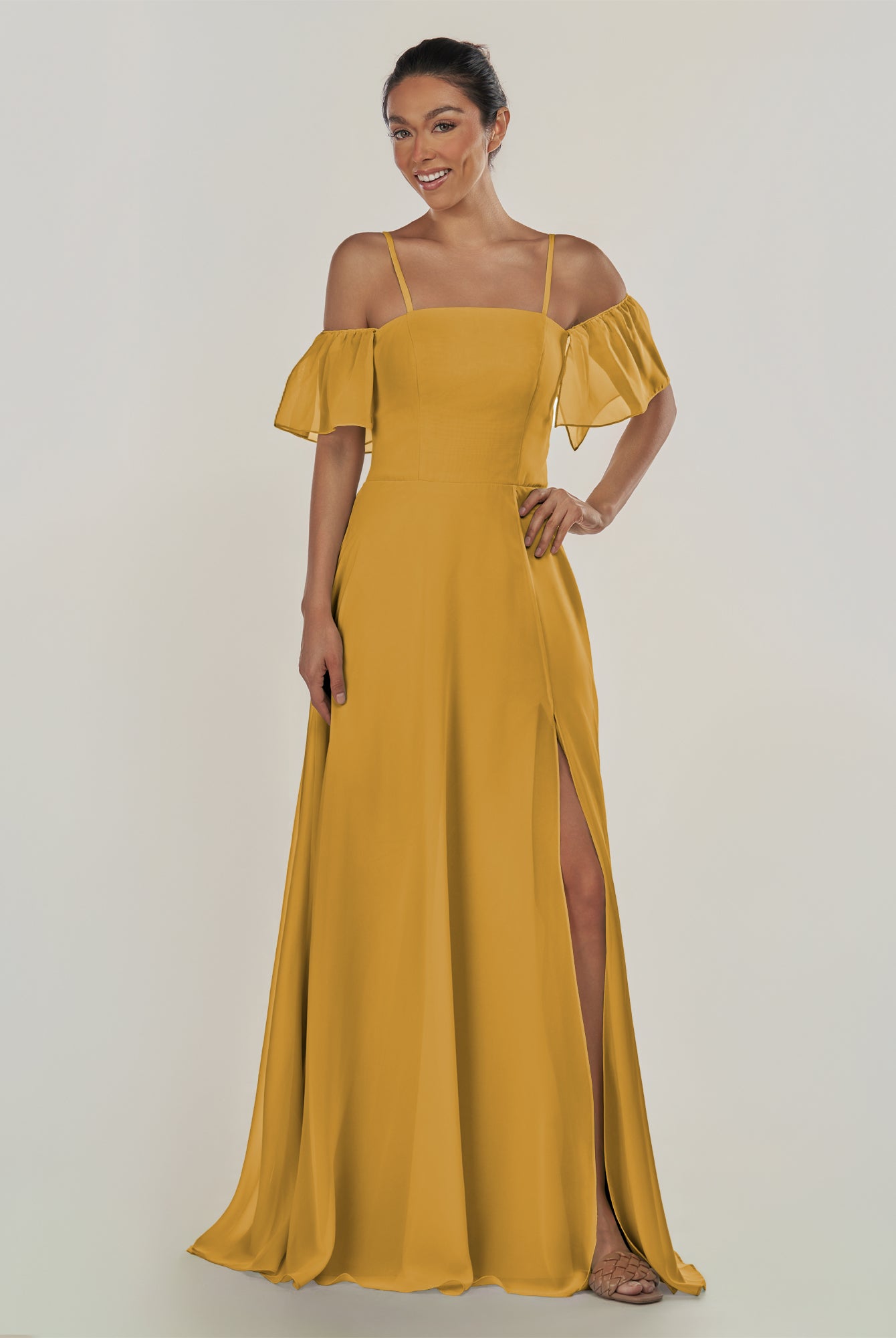 KissDress-Olia Marigold A Line Chiffon Off the Shoulder Long Bridesmaid Dress with Slit