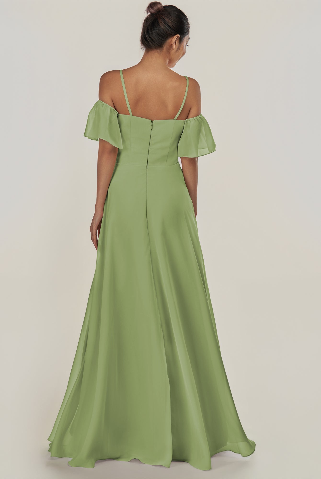 KissDress-Olia Matcha A Line Chiffon Off the Shoulder Long Bridesmaid Dress with Slit