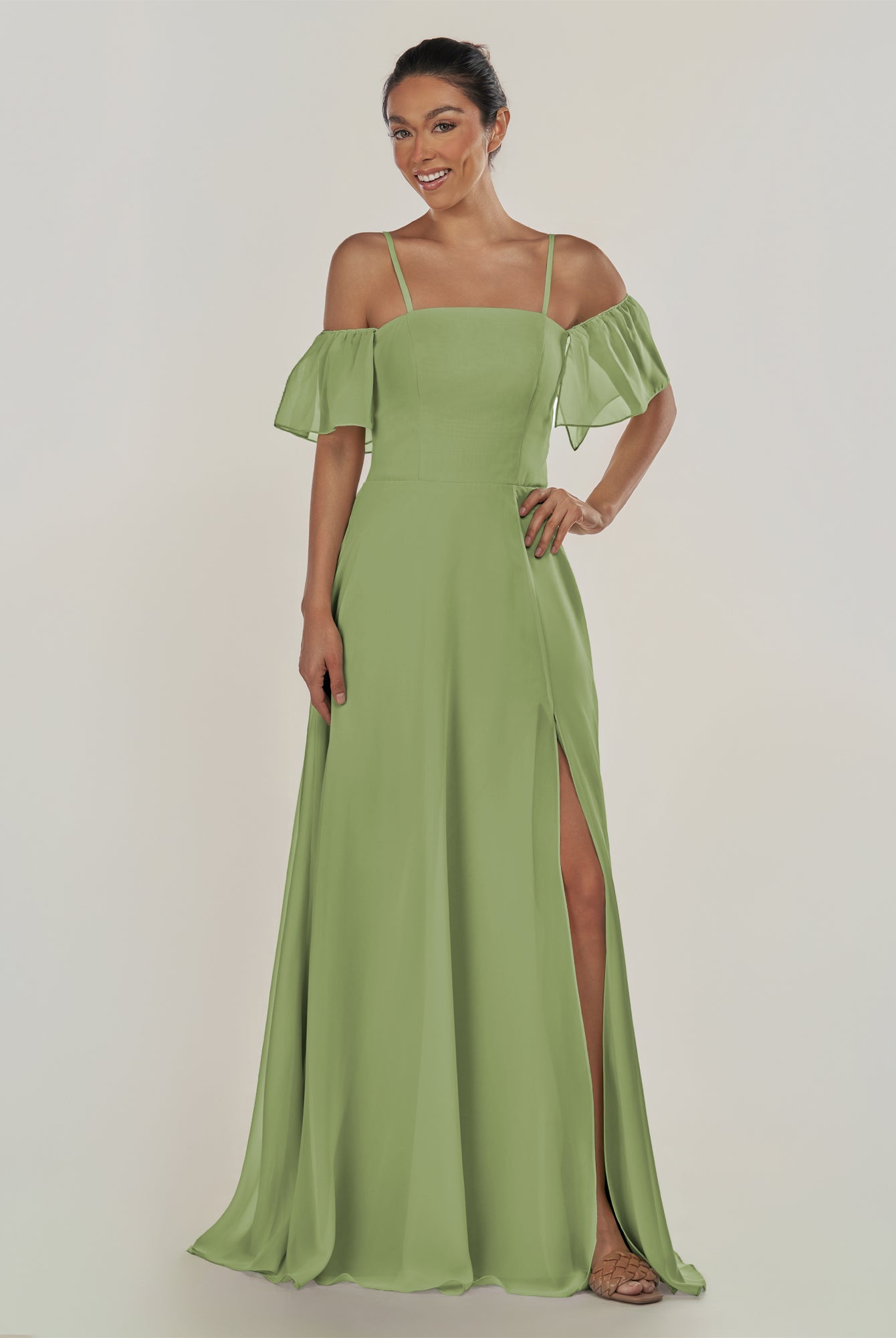KissDress-Olia Matcha A Line Chiffon Off the Shoulder Long Bridesmaid Dress with Slit