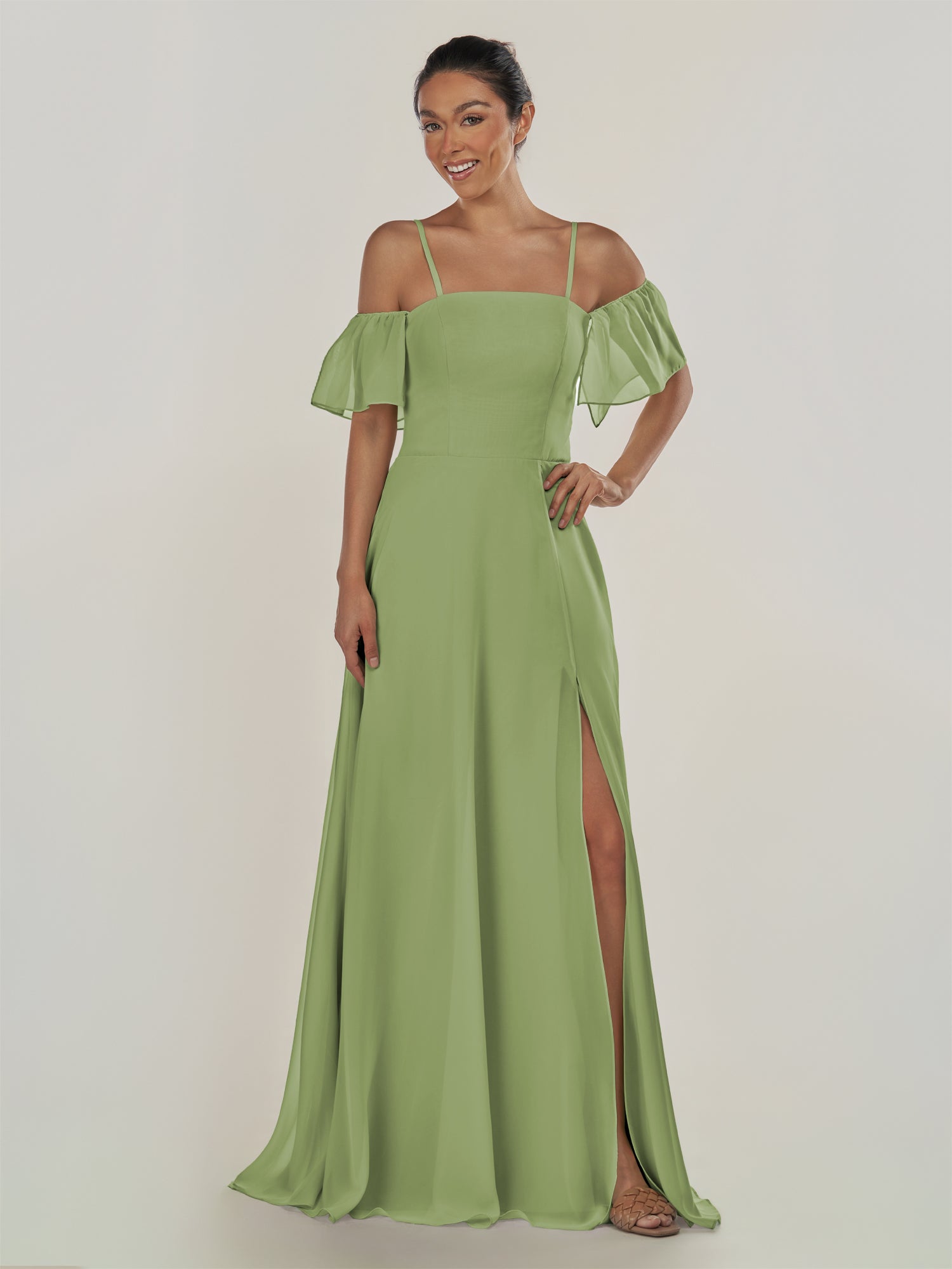 KissDress-Olia Matcha A Line Chiffon Off the Shoulder Long Bridesmaid Dress with Slit