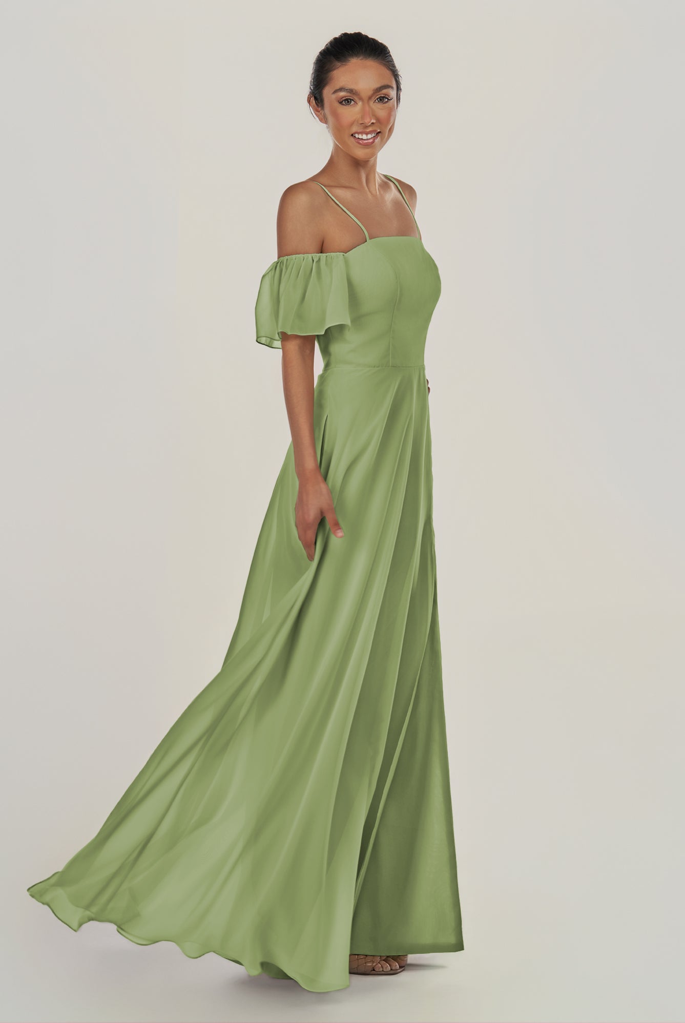 KissDress-Olia Matcha A Line Chiffon Off the Shoulder Long Bridesmaid Dress with Slit