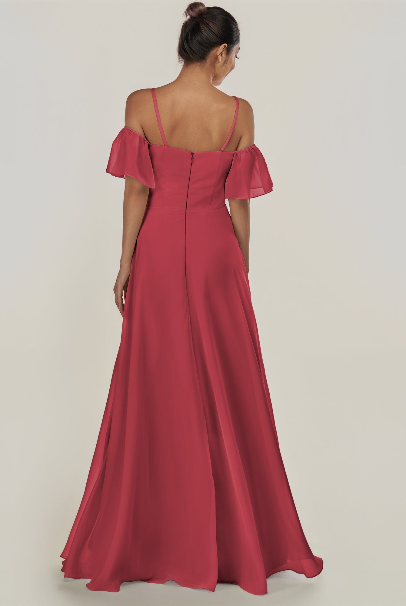KissDress-Olia Merlot A Line Chiffon Off the Shoulder Long Bridesmaid Dress with Slit