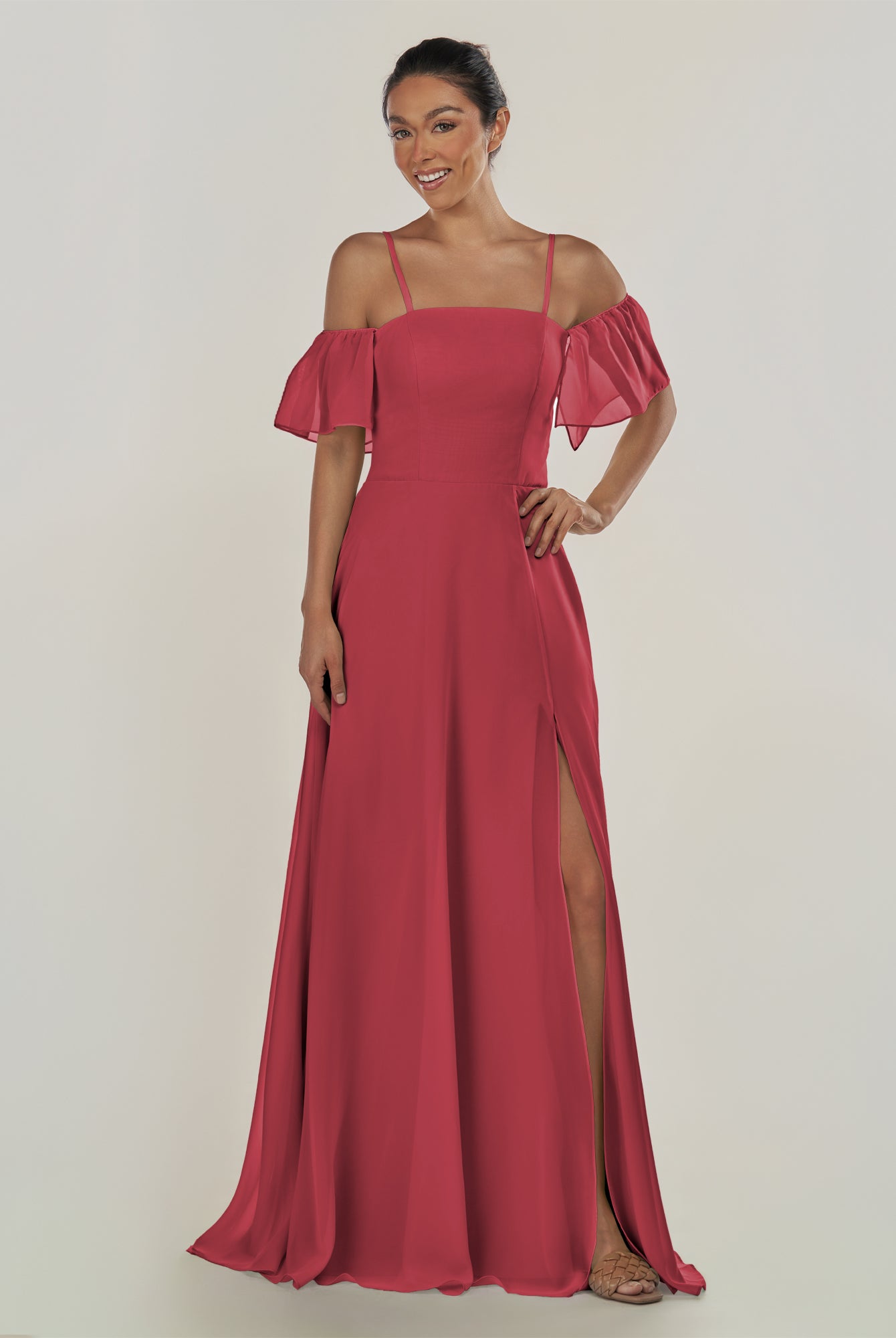 KissDress-Olia Merlot A Line Chiffon Off the Shoulder Long Bridesmaid Dress with Slit