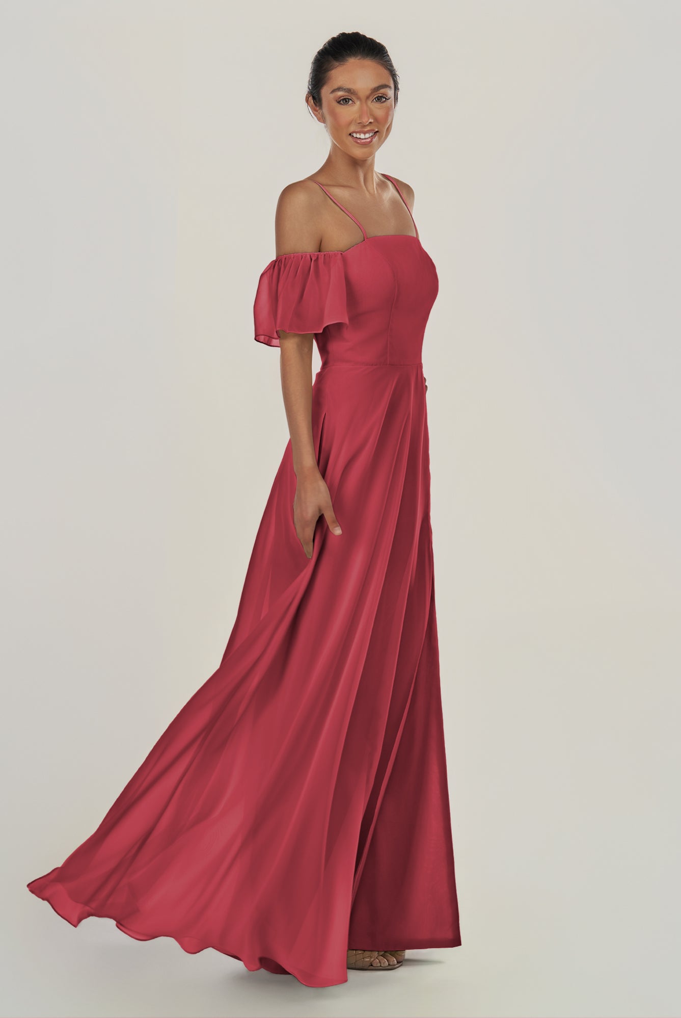 KissDress-Olia Merlot A Line Chiffon Off the Shoulder Long Bridesmaid Dress with Slit