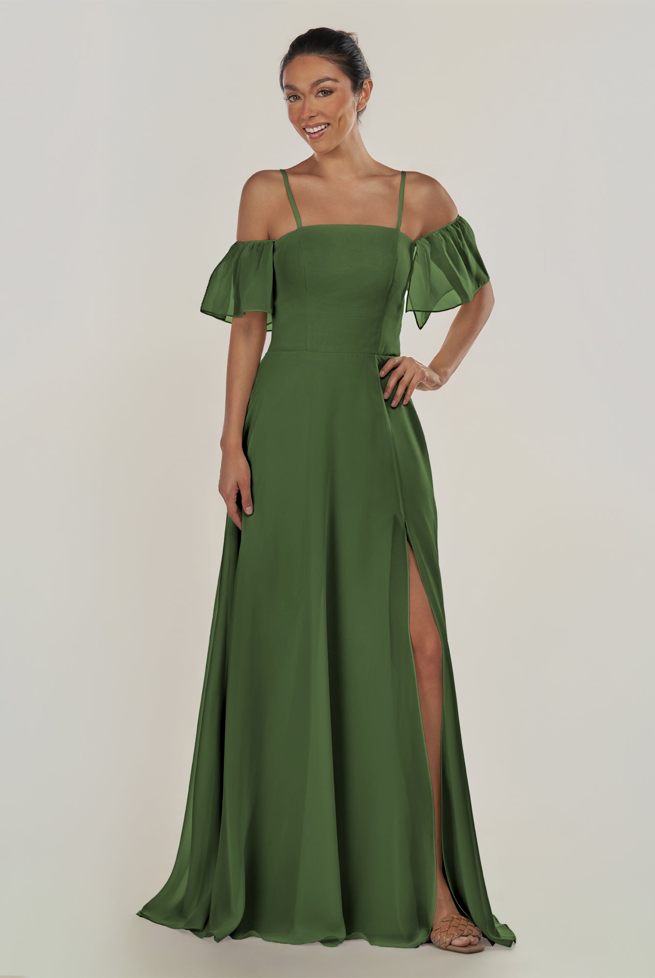 KissDress-Olia Moss A Line Chiffon Off the Shoulder Long Bridesmaid Dress with Slit
