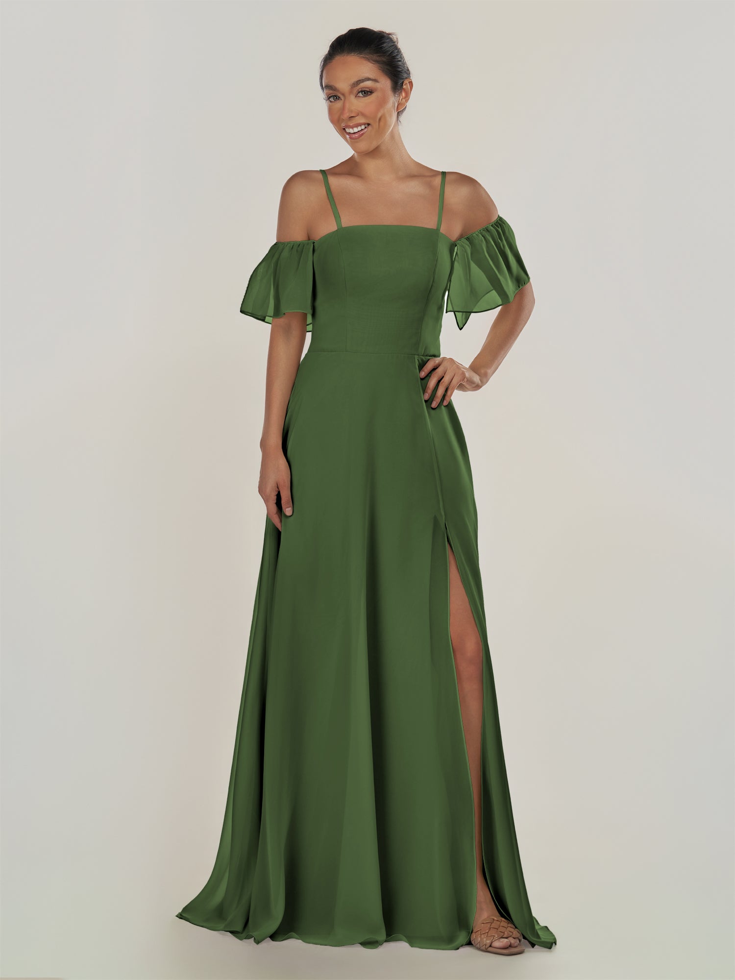 KissDress-Olia Moss A Line Chiffon Off the Shoulder Long Bridesmaid Dress with Slit