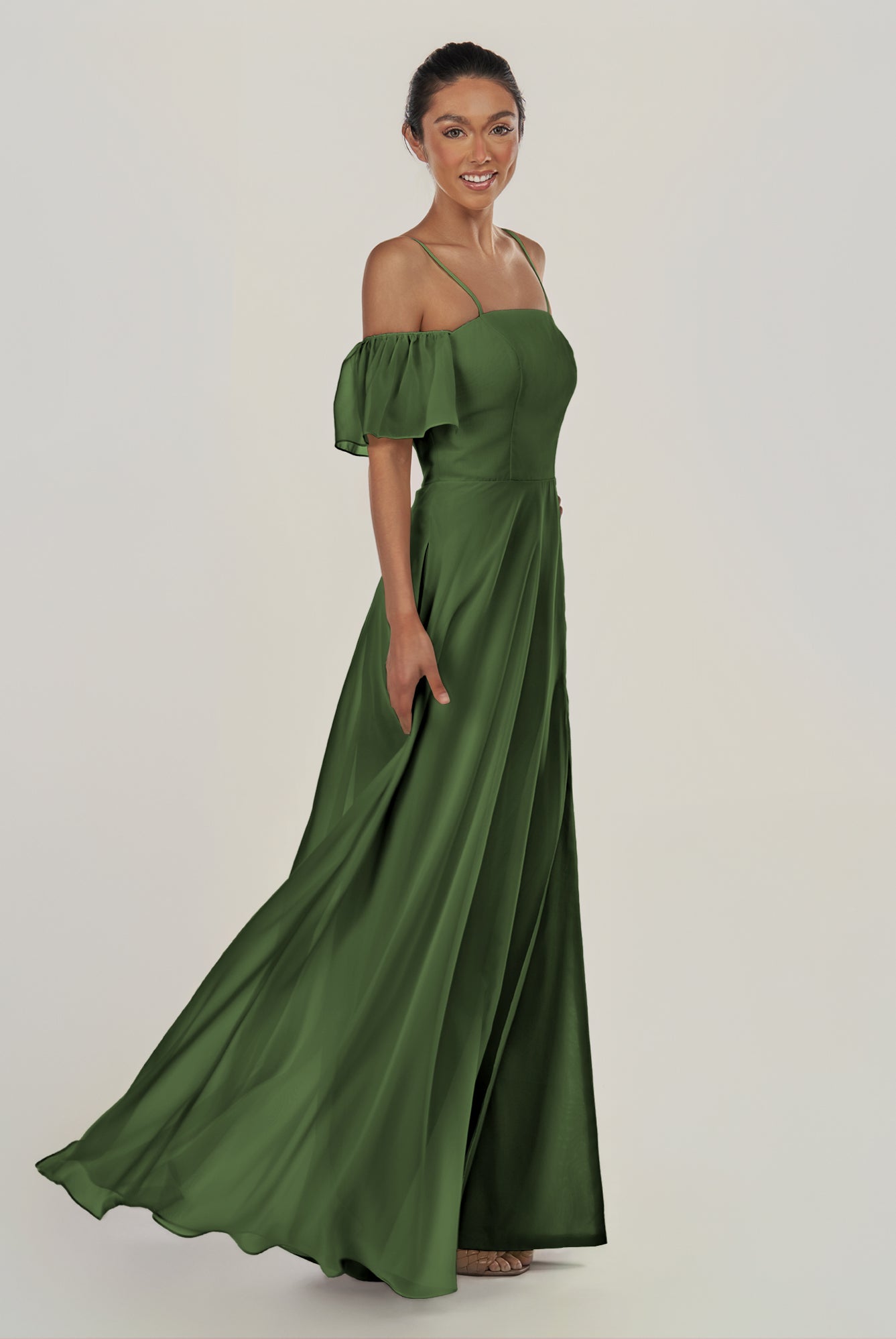 KissDress-Olia Moss A Line Chiffon Off the Shoulder Long Bridesmaid Dress with Slit