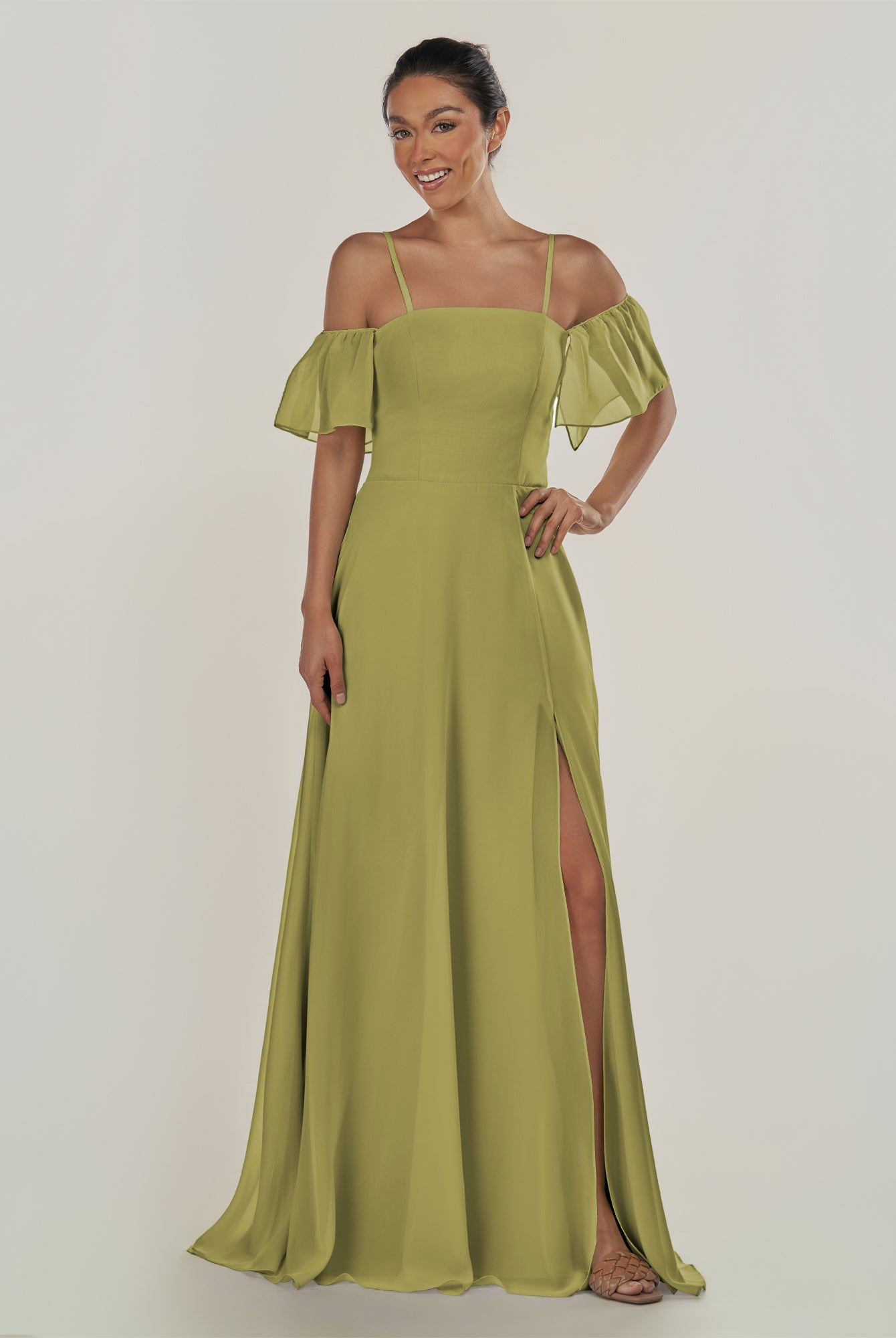 KissDress-Olia Moss Green A Line Chiffon Off the Shoulder Long Bridesmaid Dress with Slit