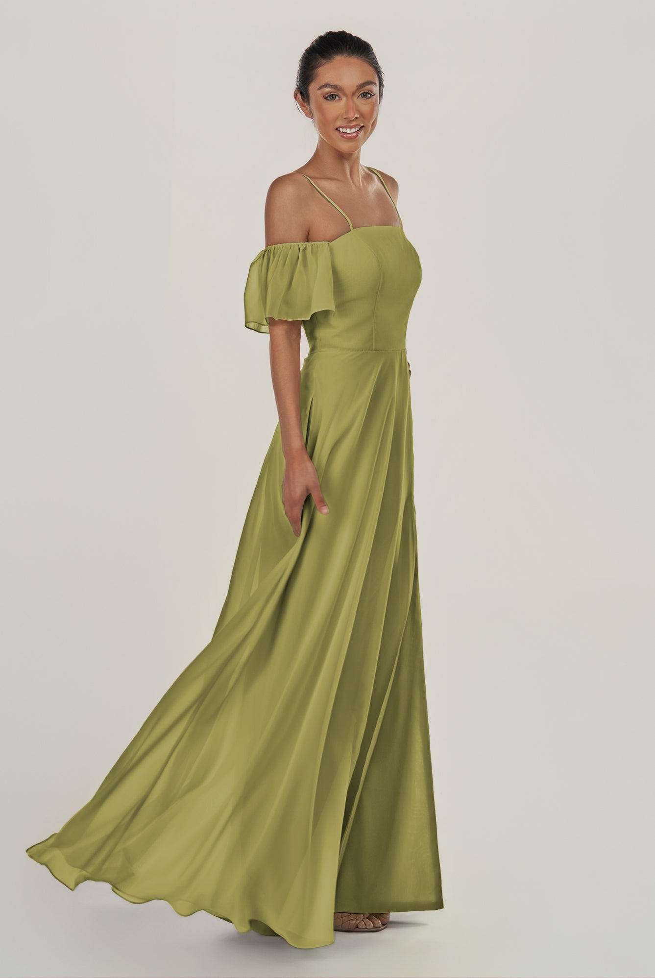 KissDress-Olia Moss Green A Line Chiffon Off the Shoulder Long Bridesmaid Dress with Slit