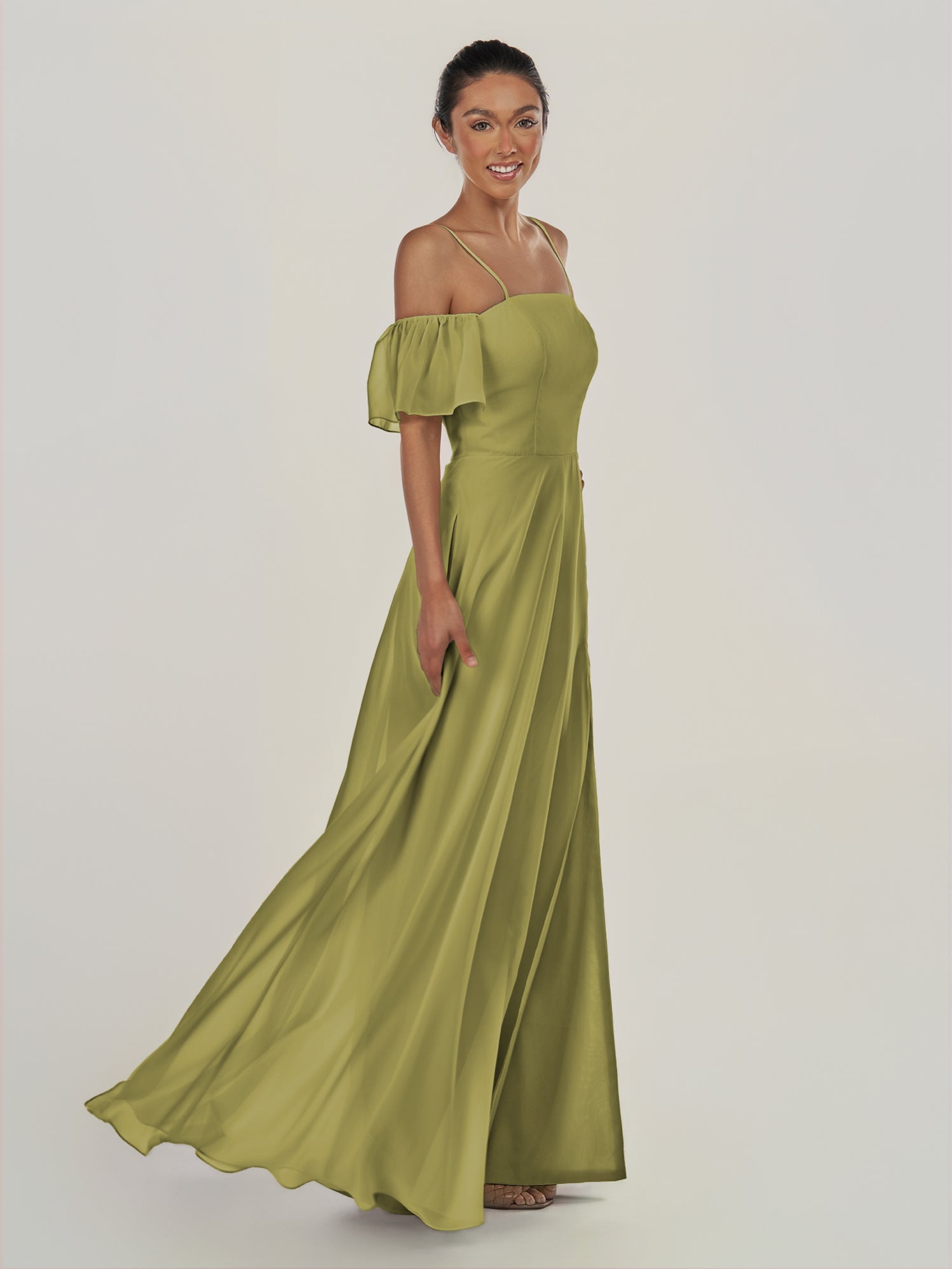 KissDress-Olia Moss Green A Line Chiffon Off the Shoulder Long Bridesmaid Dress with Slit