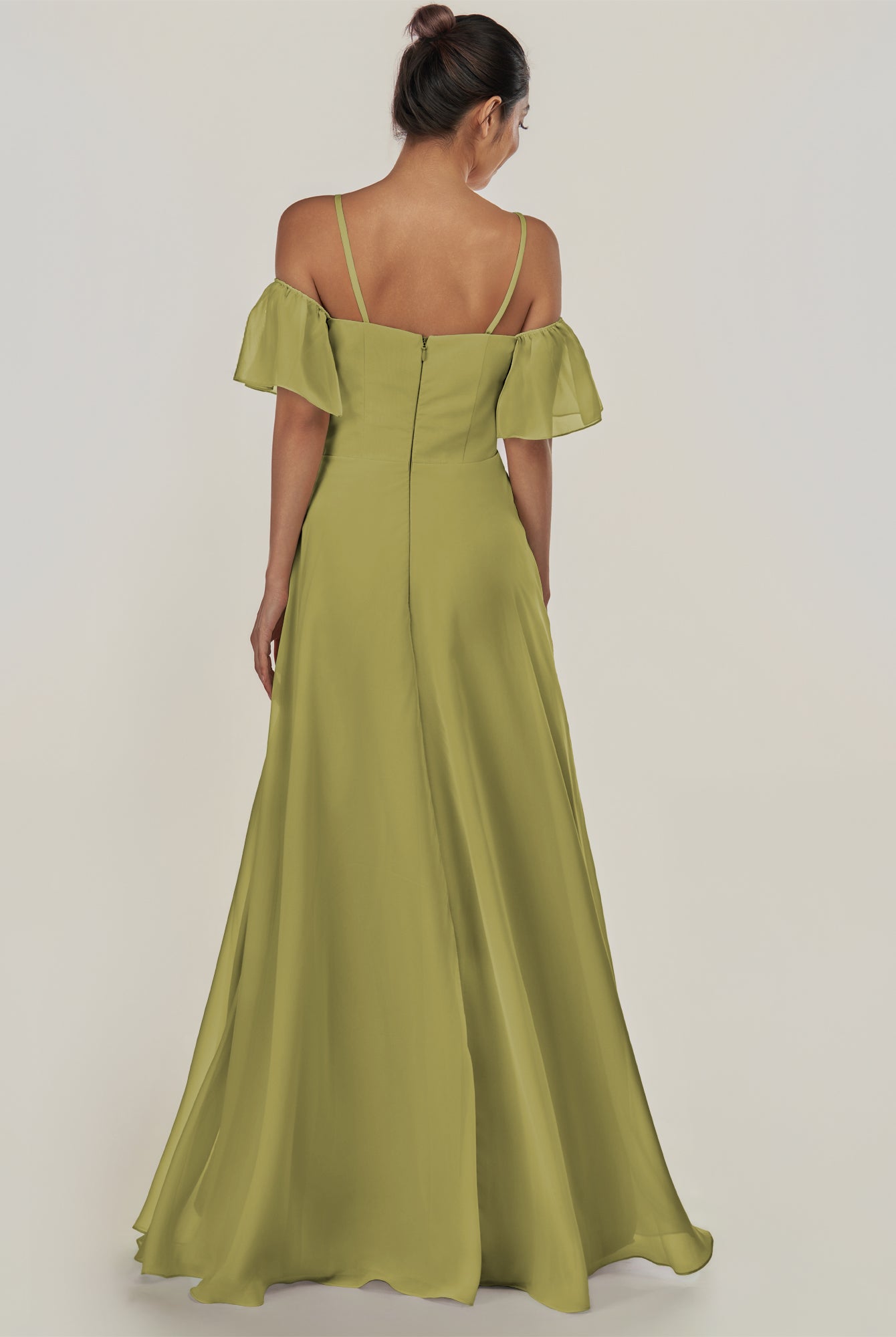 KissDress-Olia Moss Green A Line Chiffon Off the Shoulder Long Bridesmaid Dress with Slit
