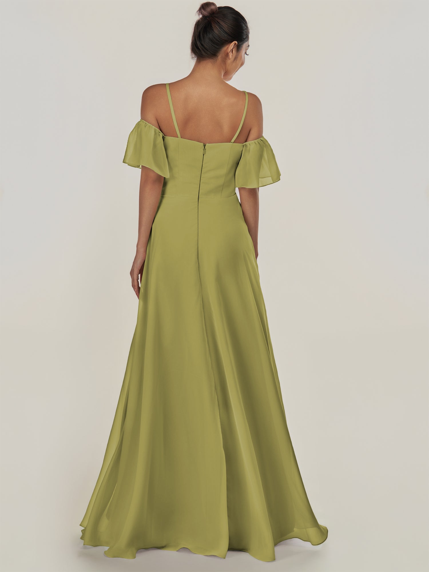KissDress-Olia Moss Green A Line Chiffon Off the Shoulder Long Bridesmaid Dress with Slit