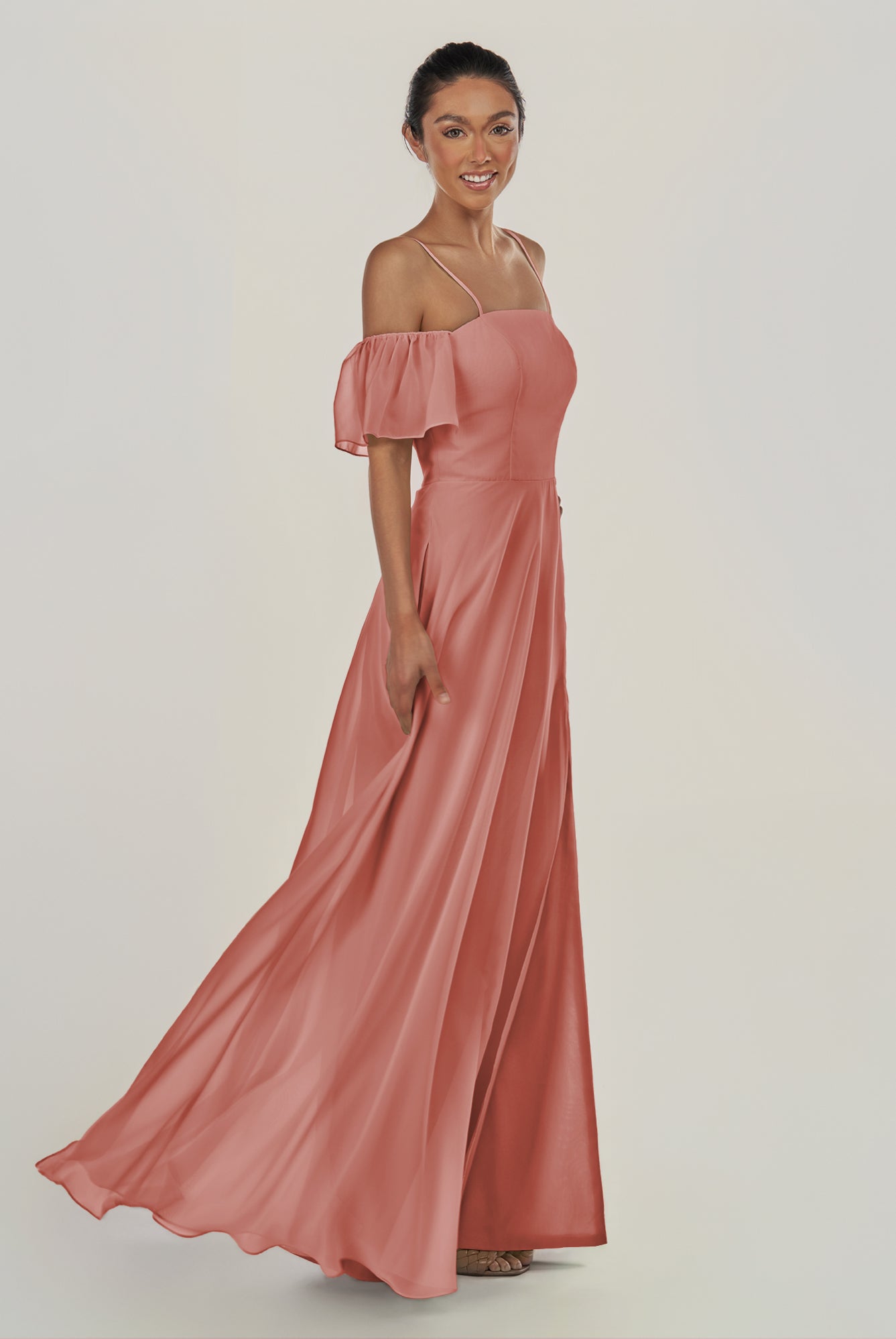 KissDress-Olia Mulberry A Line Chiffon Off the Shoulder Long Bridesmaid Dress with Slit