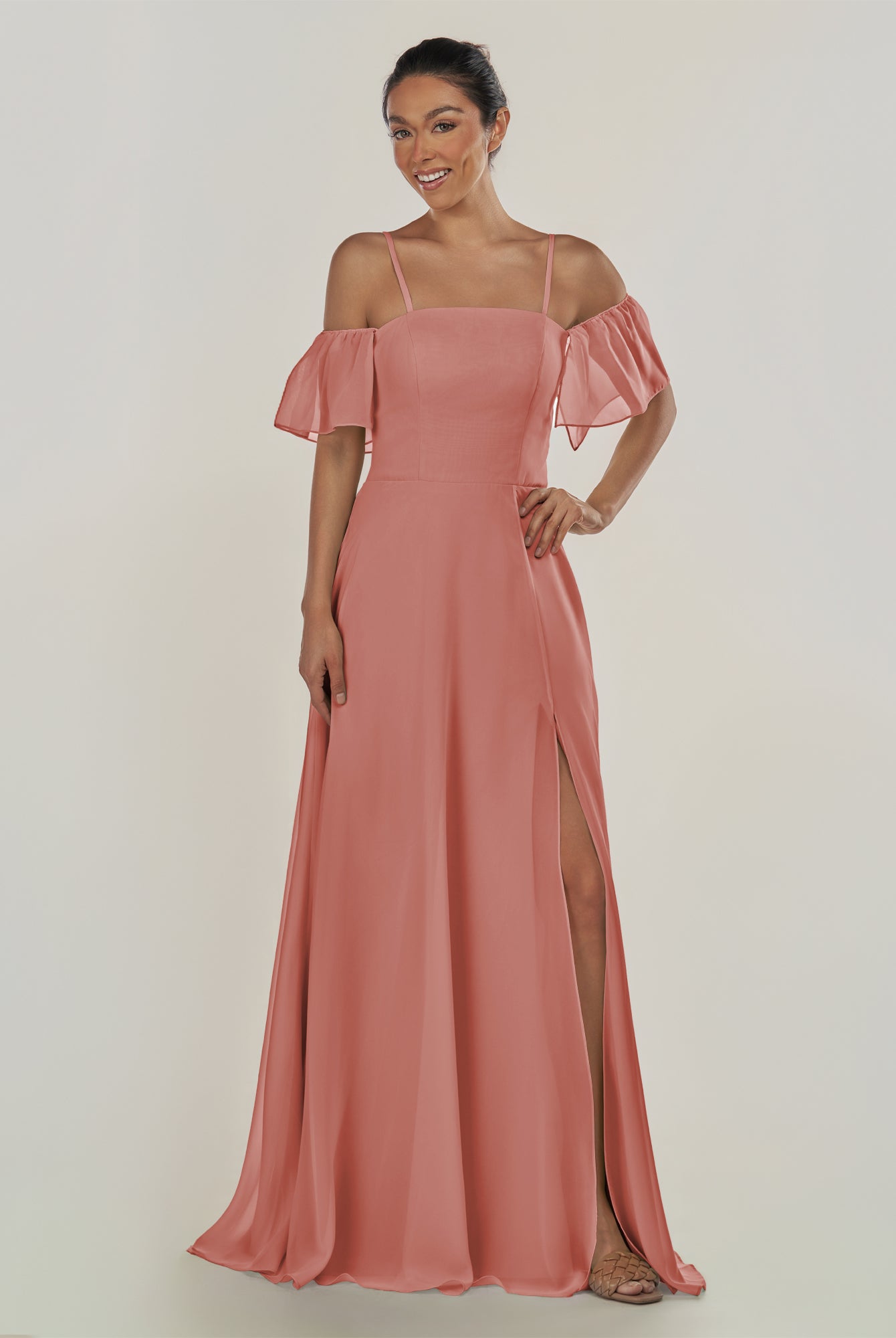 KissDress-Olia Mulberry A Line Chiffon Off the Shoulder Long Bridesmaid Dress with Slit