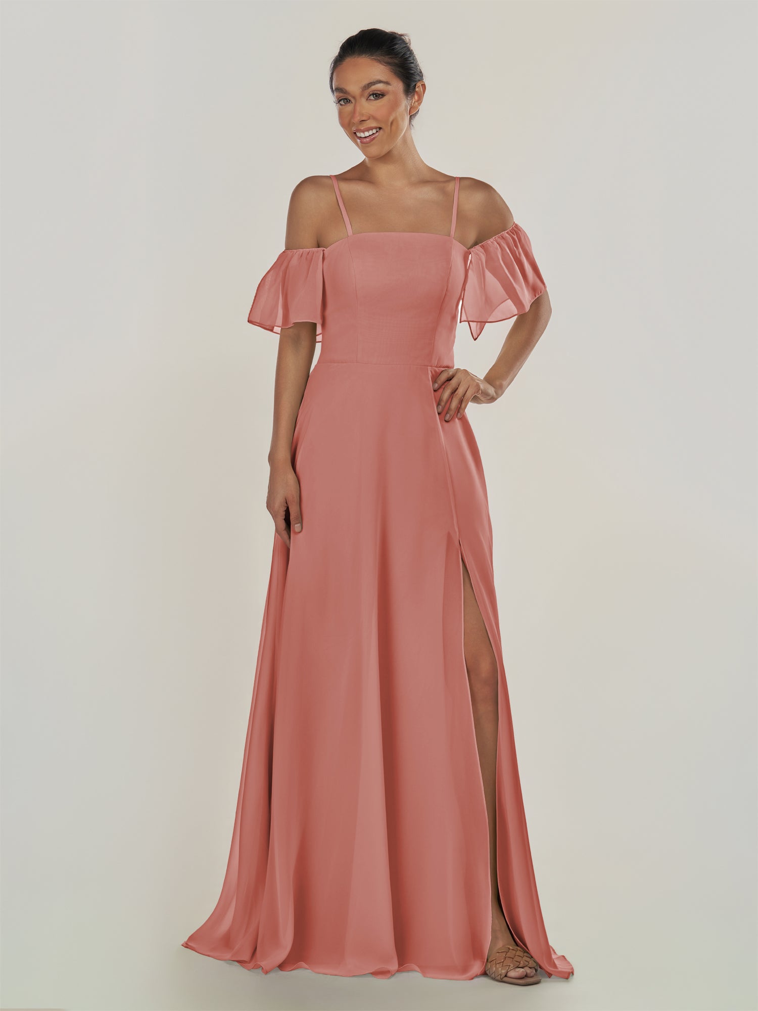 KissDress-Olia Mulberry A Line Chiffon Off the Shoulder Long Bridesmaid Dress with Slit