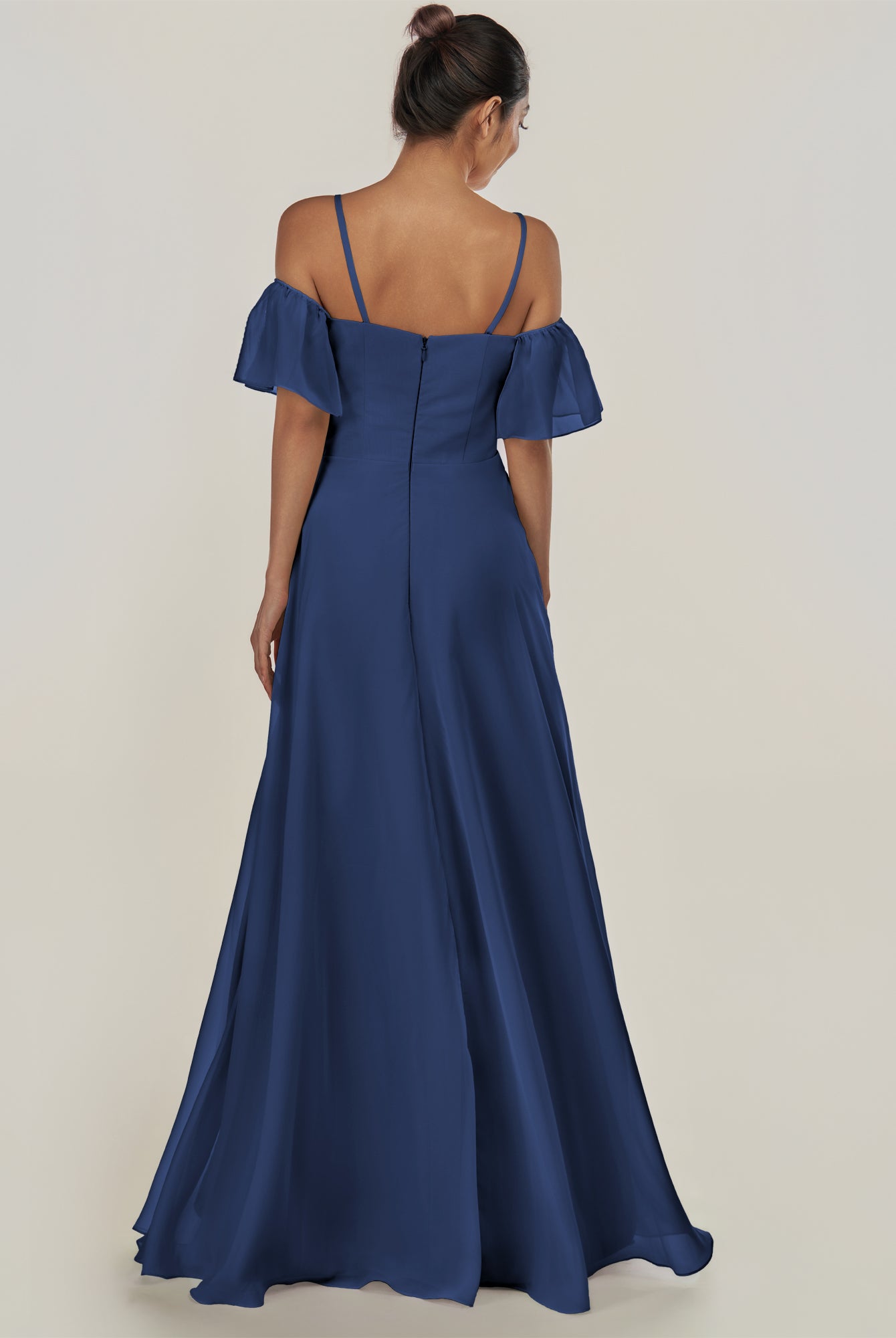 KissDress-Olia Navy A Line Chiffon Off the Shoulder Long Bridesmaid Dress with Slit