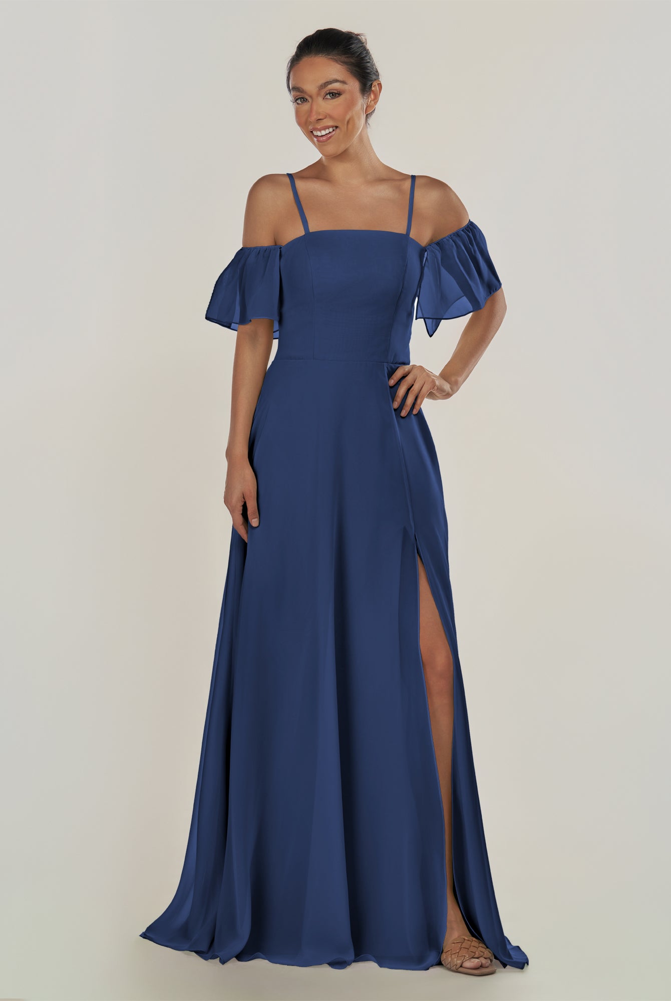 KissDress-Olia Navy A Line Chiffon Off the Shoulder Long Bridesmaid Dress with Slit